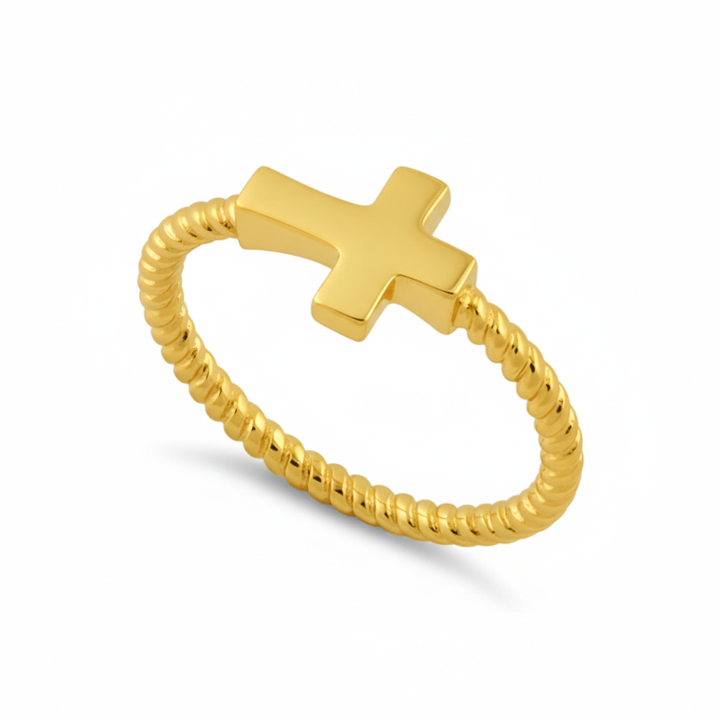 Twisted Rope Band Cross Ring - Sterling Silver