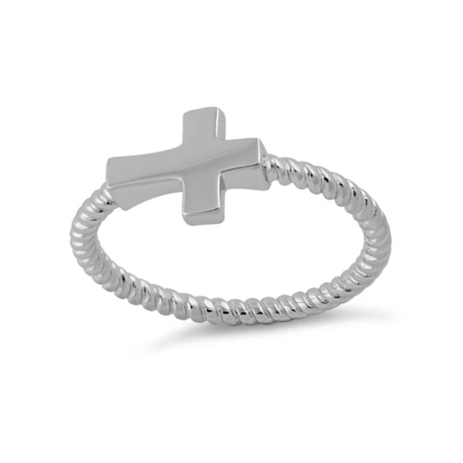 Twisted Rope Band Cross Ring - Sterling Silver