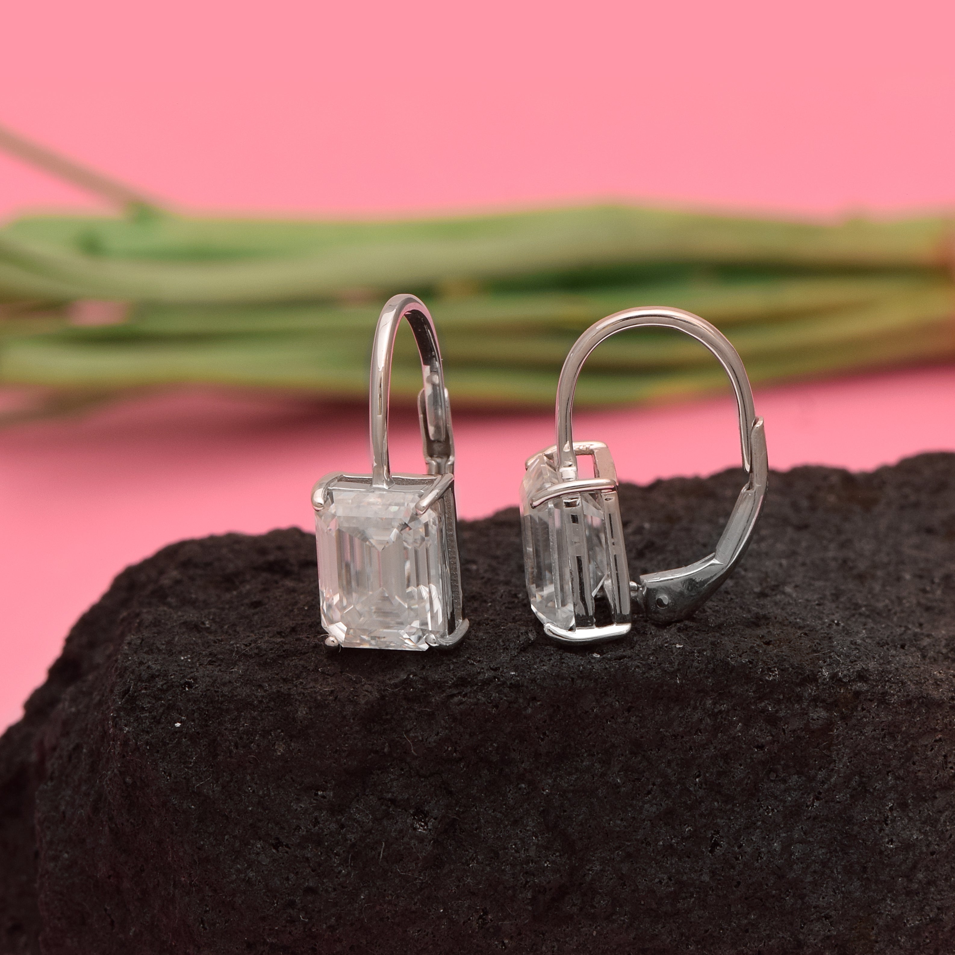 Emerald Cut White CZ Drop Earrings - 925 Sterling Silver