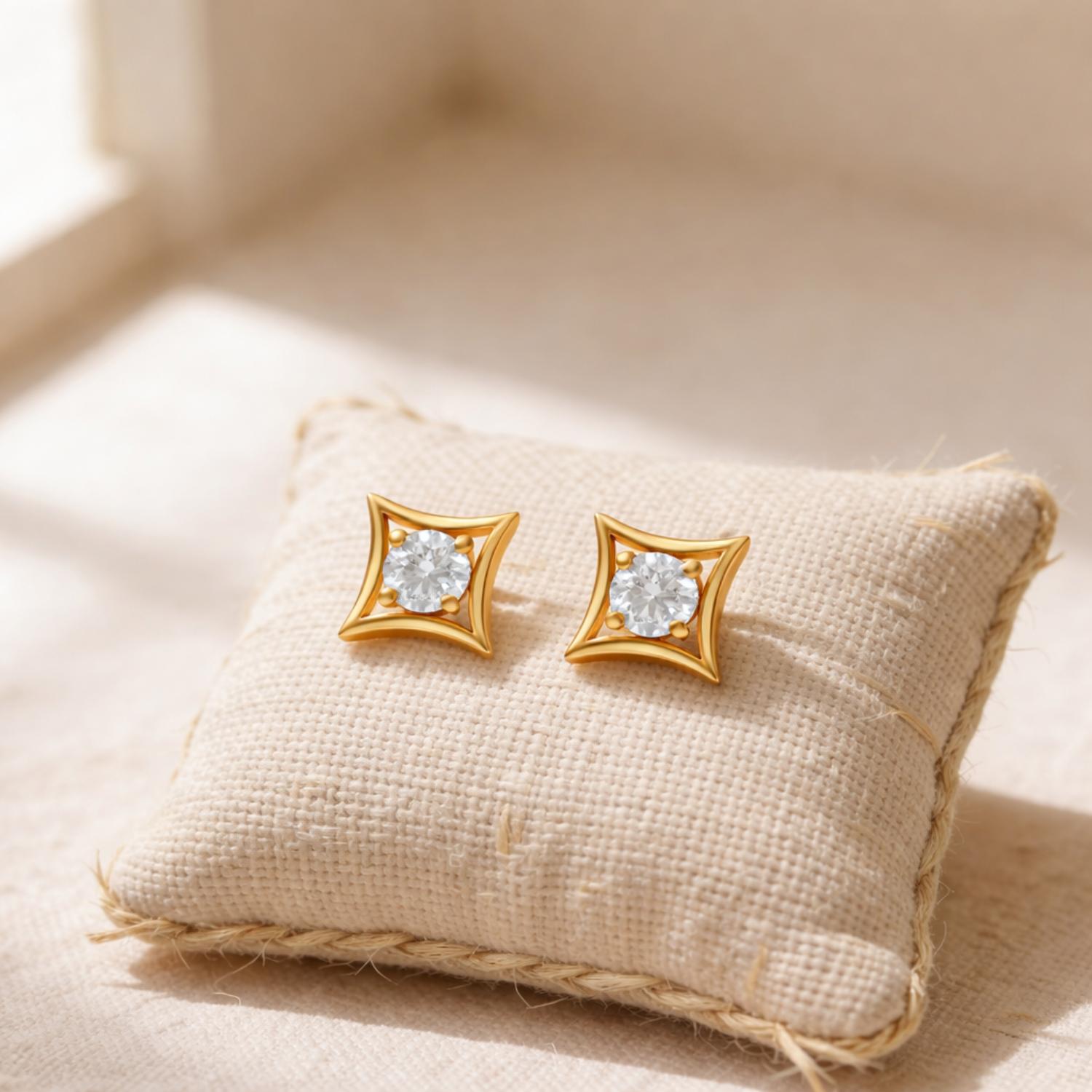 White CZ Square Frame Stud Earrings - 925 Silver Gold Plated