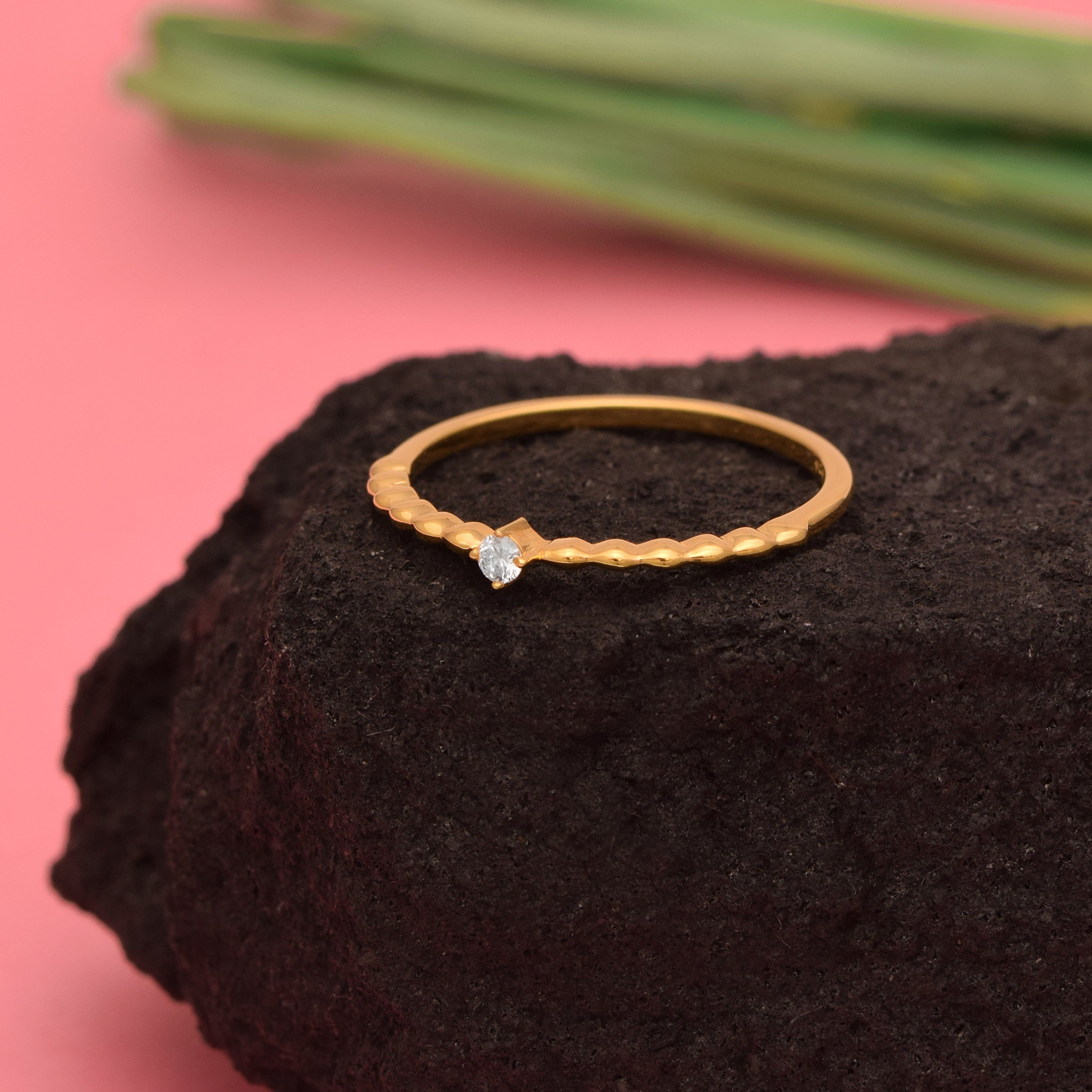 Round White CZ Textured Band Minimal Solitaire Ring – Sterling Silver Gold Plated