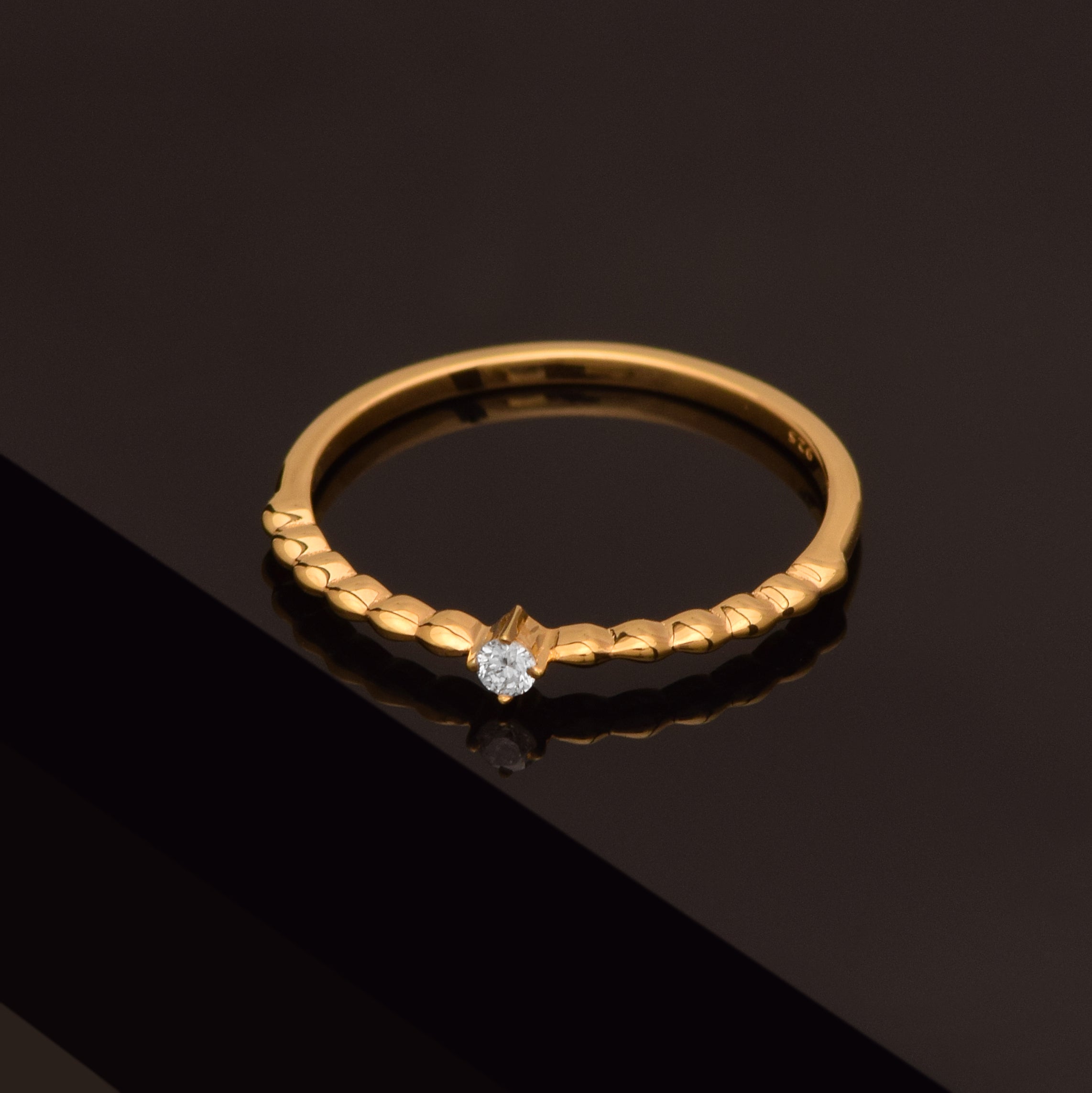 Round White CZ Textured Band Minimal Solitaire Ring – Sterling Silver Gold Plated