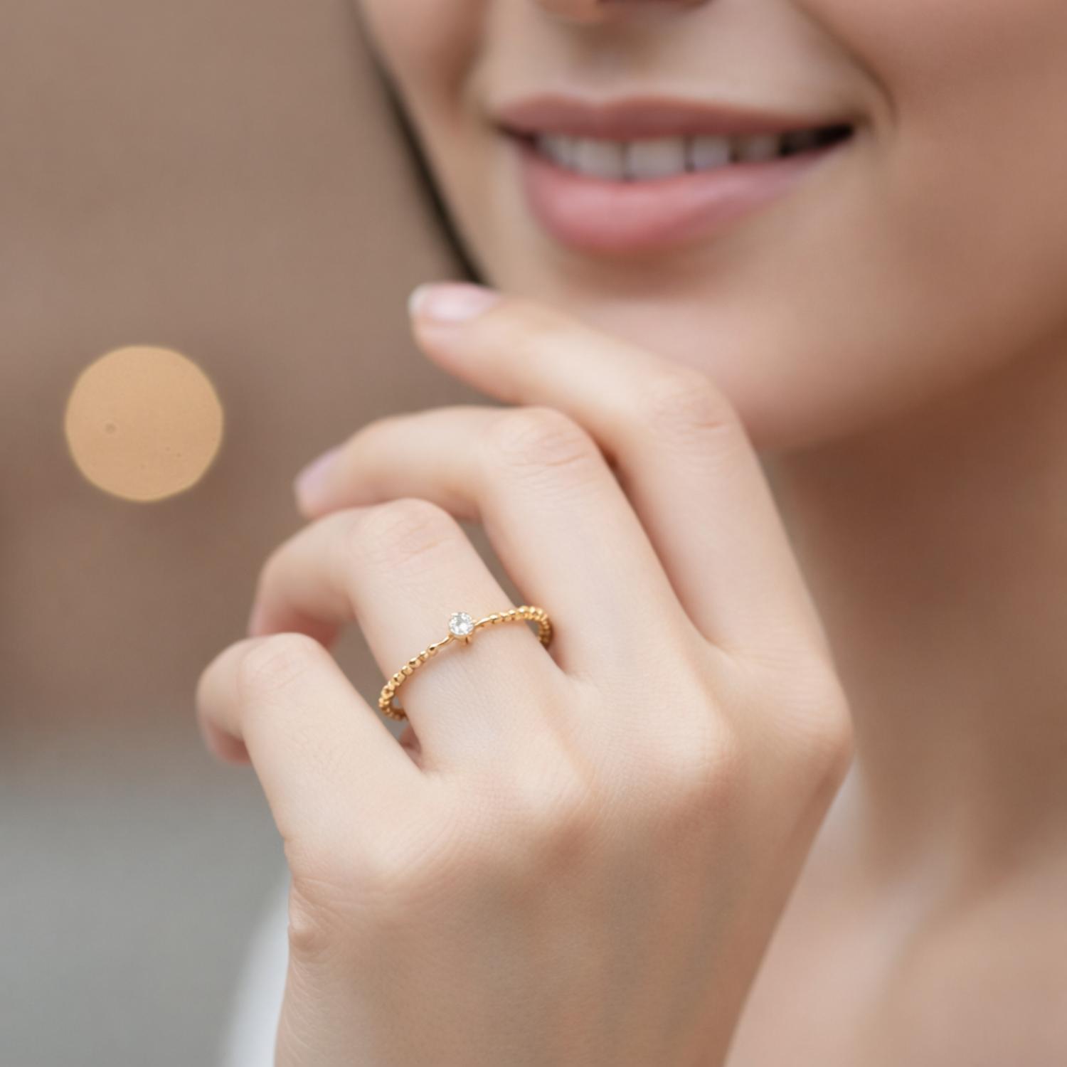 Round White CZ Textured Band Minimal Solitaire Ring – Sterling Silver Gold Plated