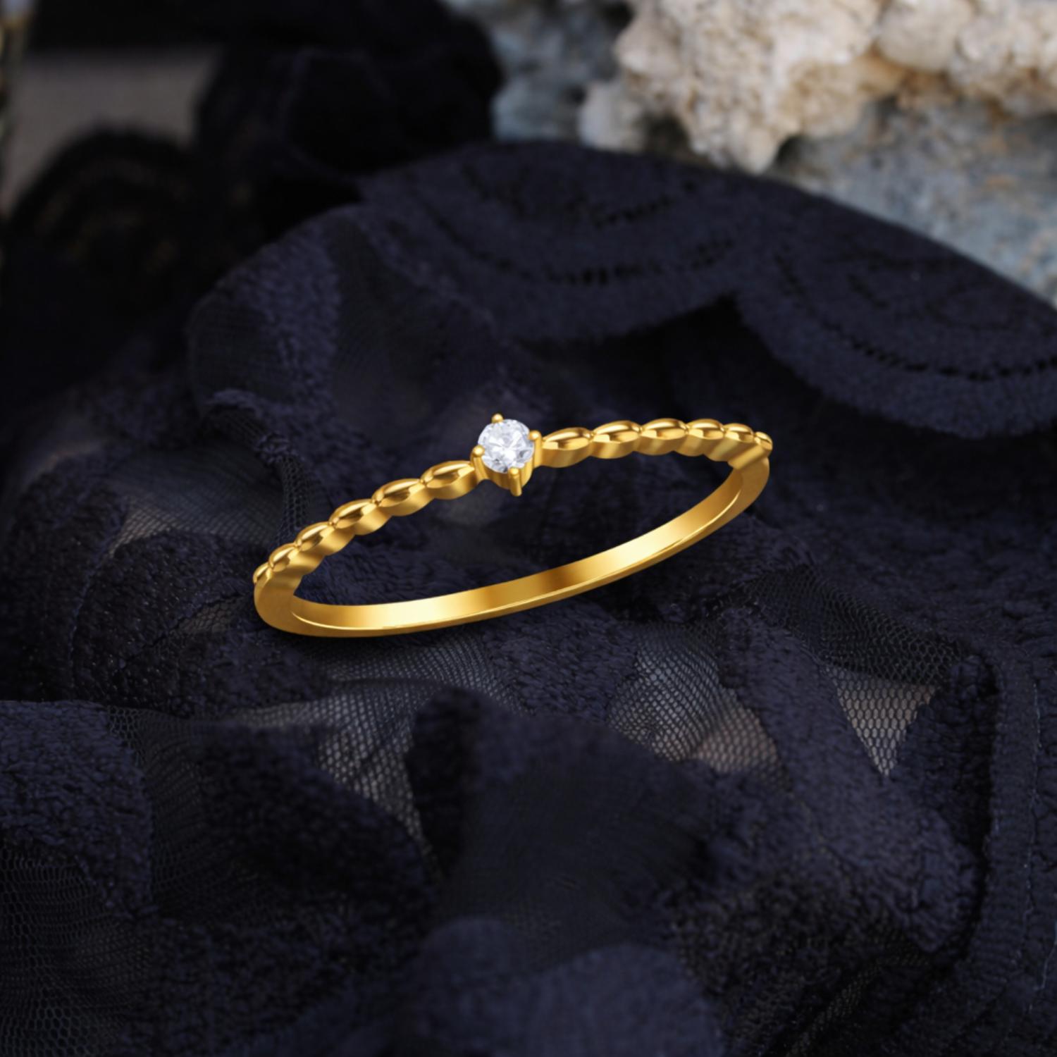 Round White CZ Textured Band Minimal Solitaire Ring – Sterling Silver Gold Plated