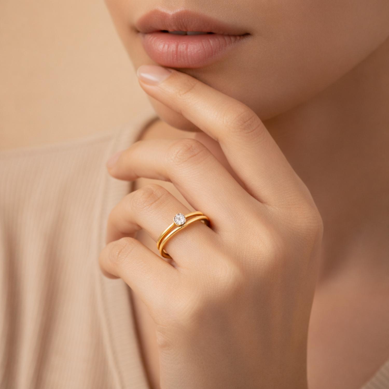 Round White CZ Minimal Bezel Set Open Band Ring – Sterling Silver Gold Plated