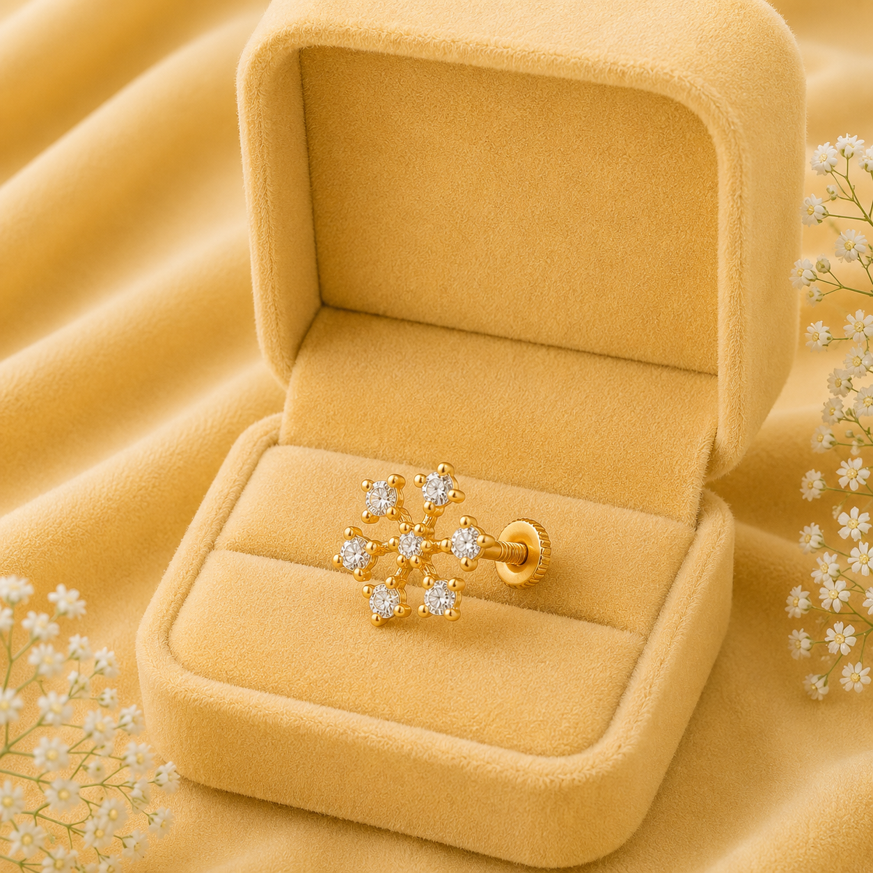 White CZ Star Floral Nose Pin – Gold Plated Sterling Silver