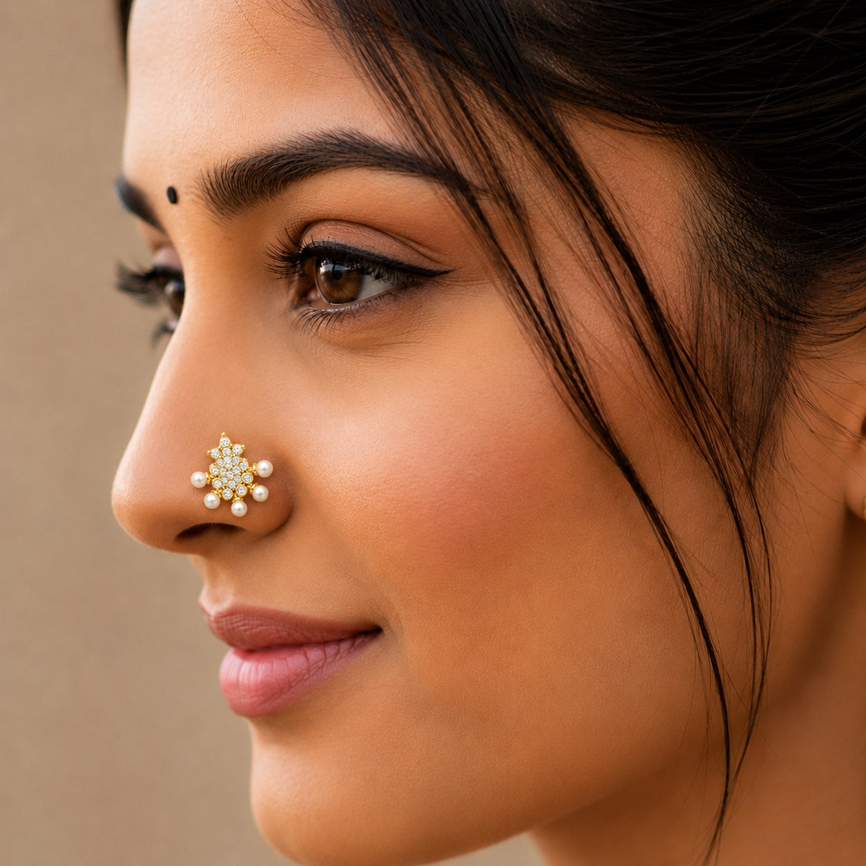 Pearl & White CZ Stone Snowflake Nose Pin - Gold Plated 925 Silver