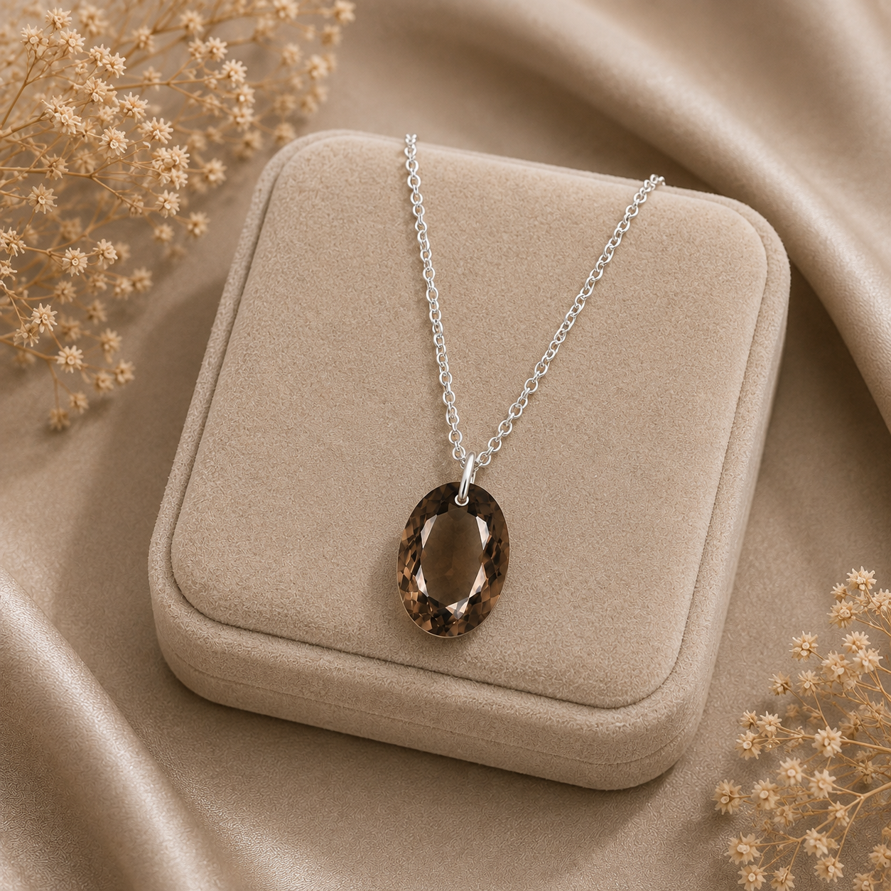 Oval Smoky Quartz Solitaire Necklace - 925 sterling Silver