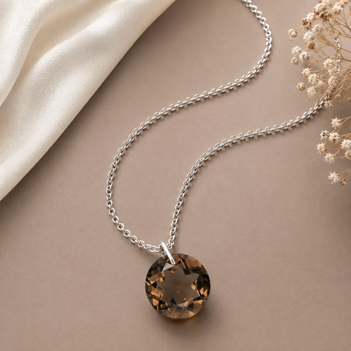 Round Smoky Quartz Solitaire Necklace - 925 sterling Silver