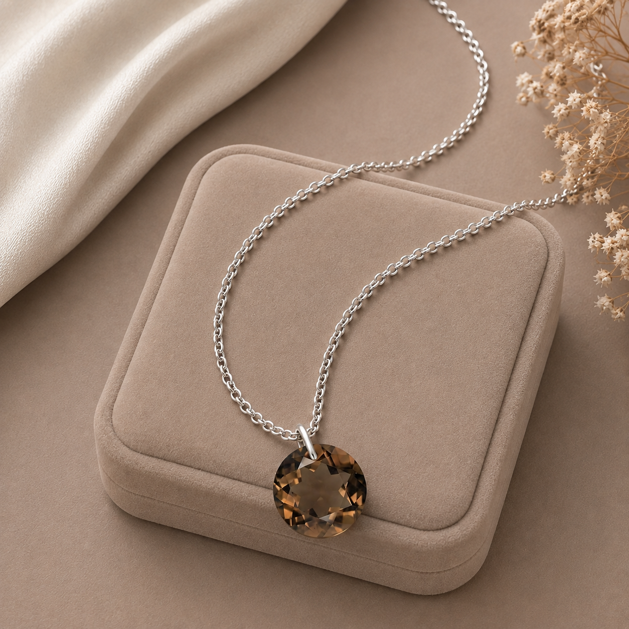 Round Smoky Quartz Solitaire Necklace - 925 sterling Silver
