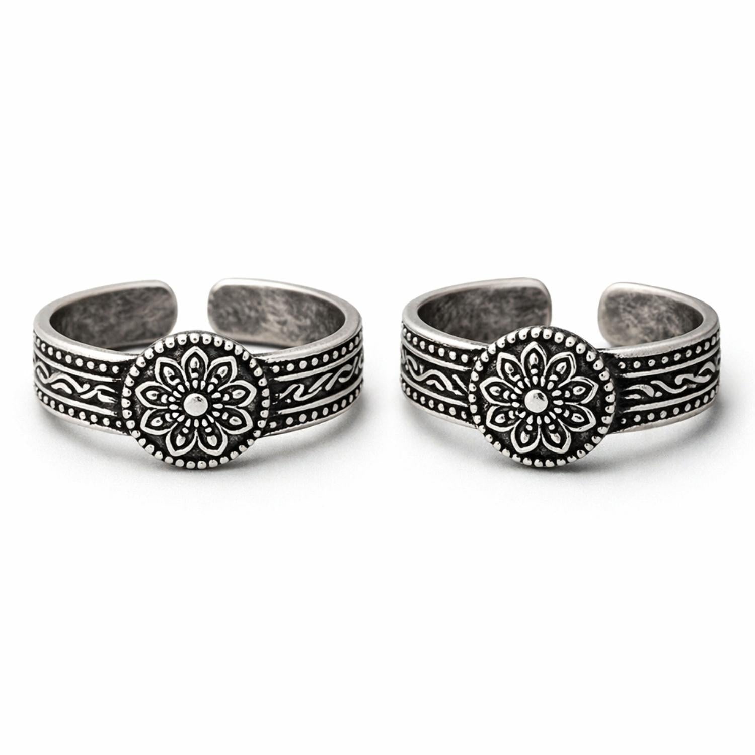 Floral Mandala Adjustable Toe Ring - Sterling Silver Oxidized