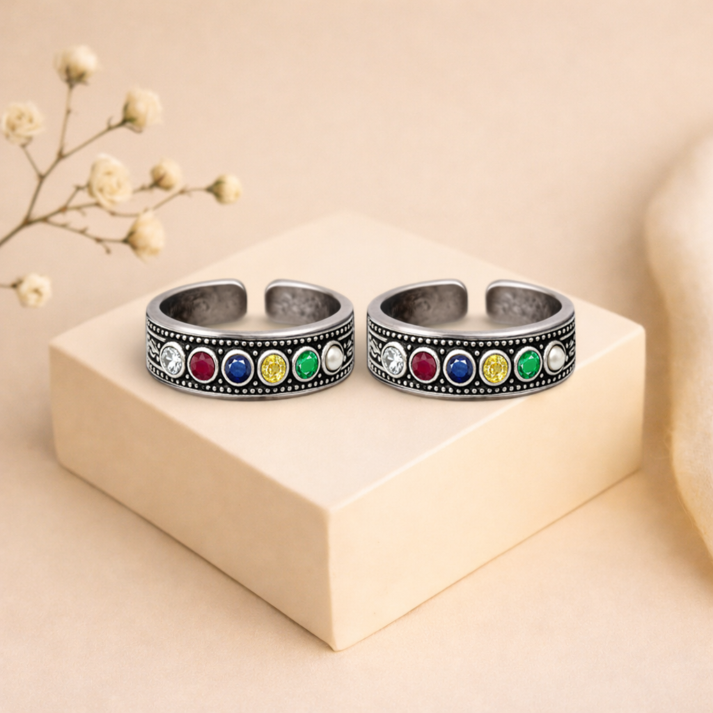 Multicolor Stone Tribal Adjustable Toe Ring - Sterling Silver Oxidized