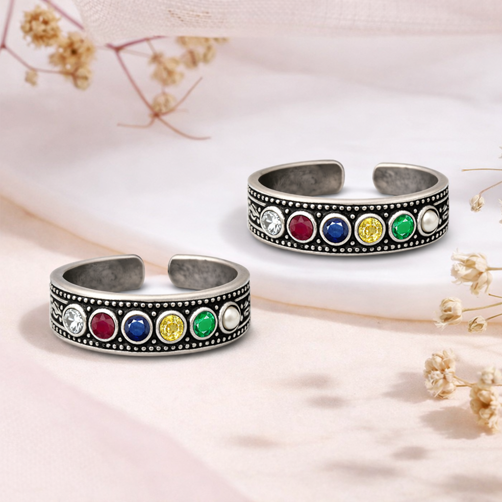 Multicolor Stone Tribal Adjustable Toe Ring - Sterling Silver Oxidized