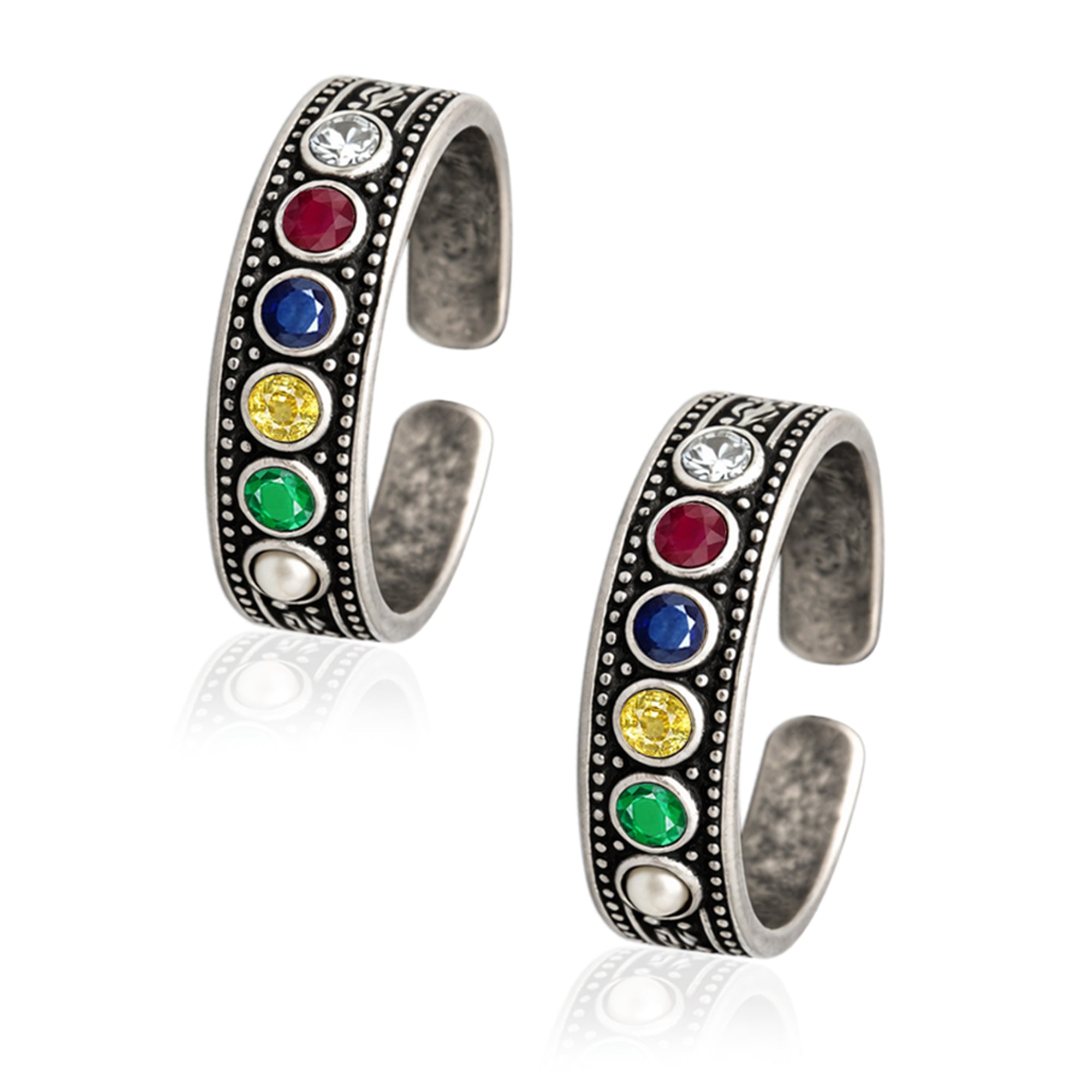 Multicolor Stone Tribal Adjustable Toe Ring - Sterling Silver Oxidized