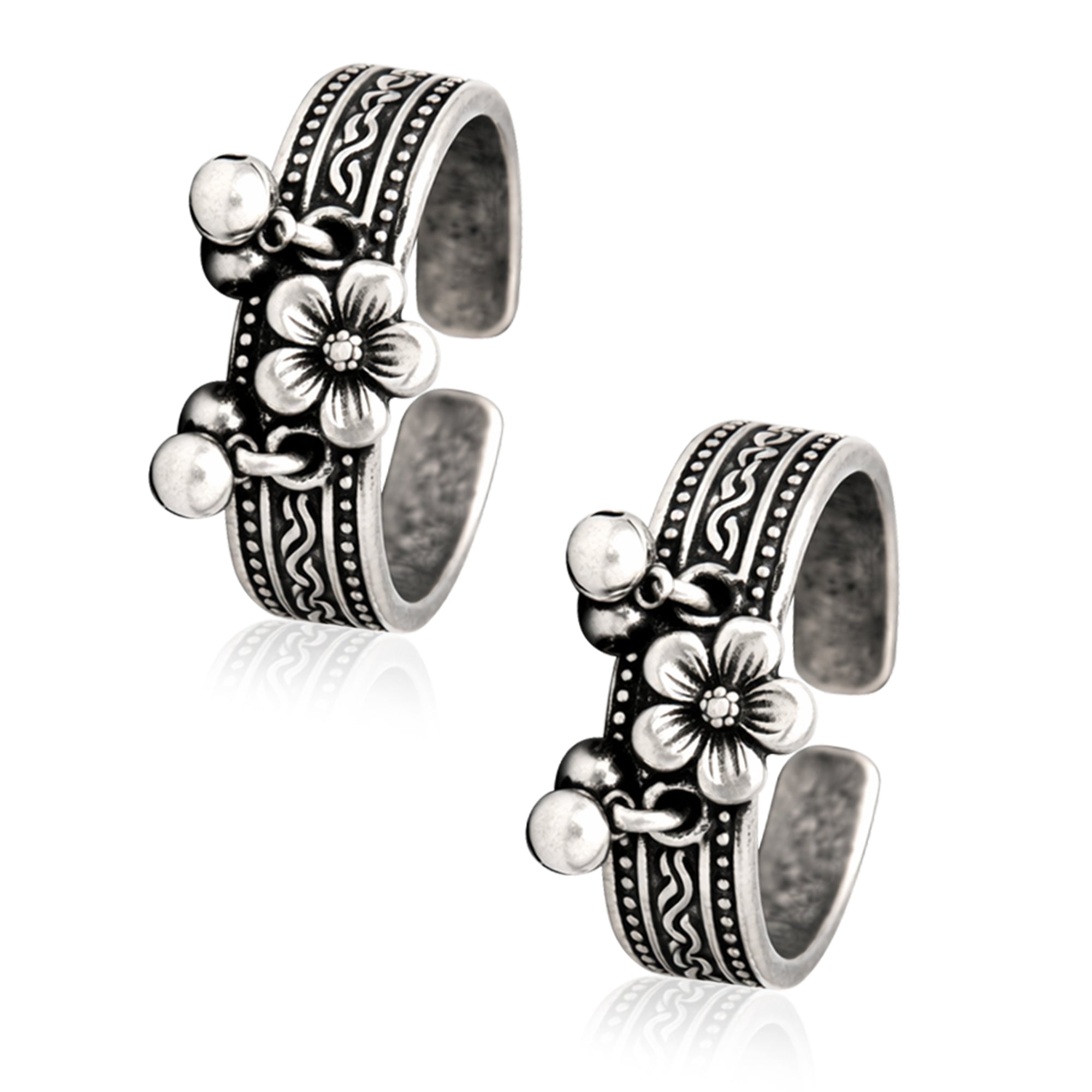 Floral Ghungroo Adjustable Toe Ring - Sterling Silver Oxidized
