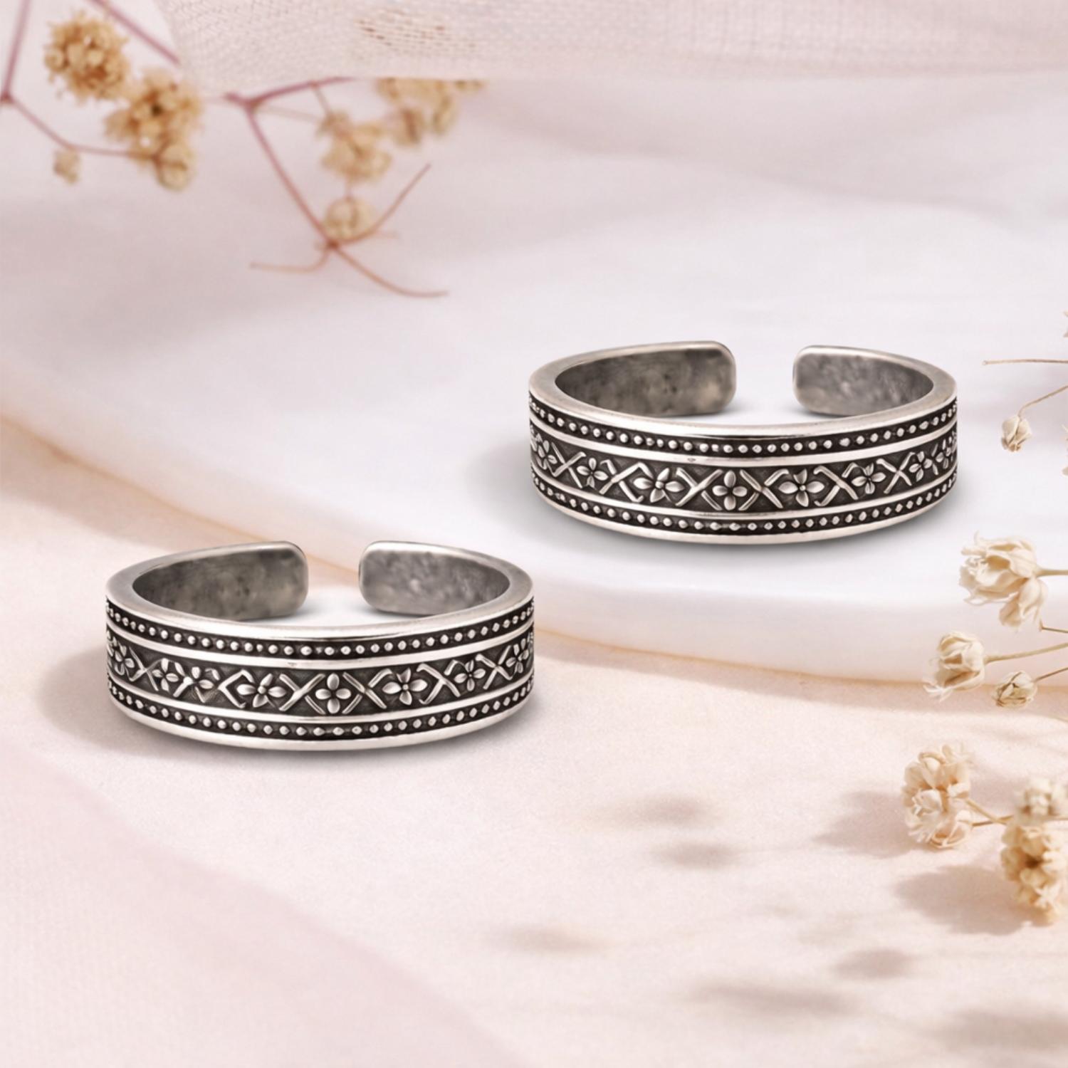 Floral Lattice Adjustable Toe Ring - Sterling Silver Oxidized