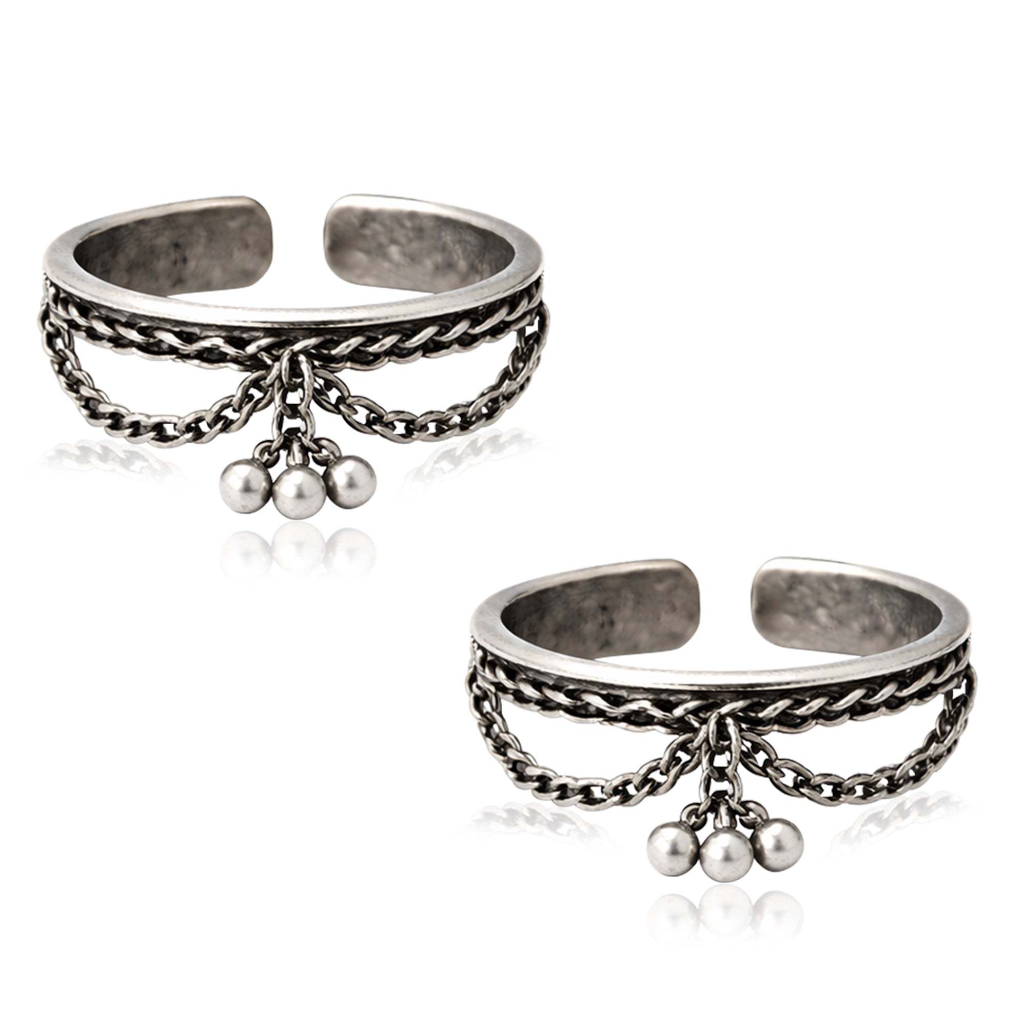 Tribal Ghungroo Drop Adjustable Toe Ring - Sterling Silver Oxidized