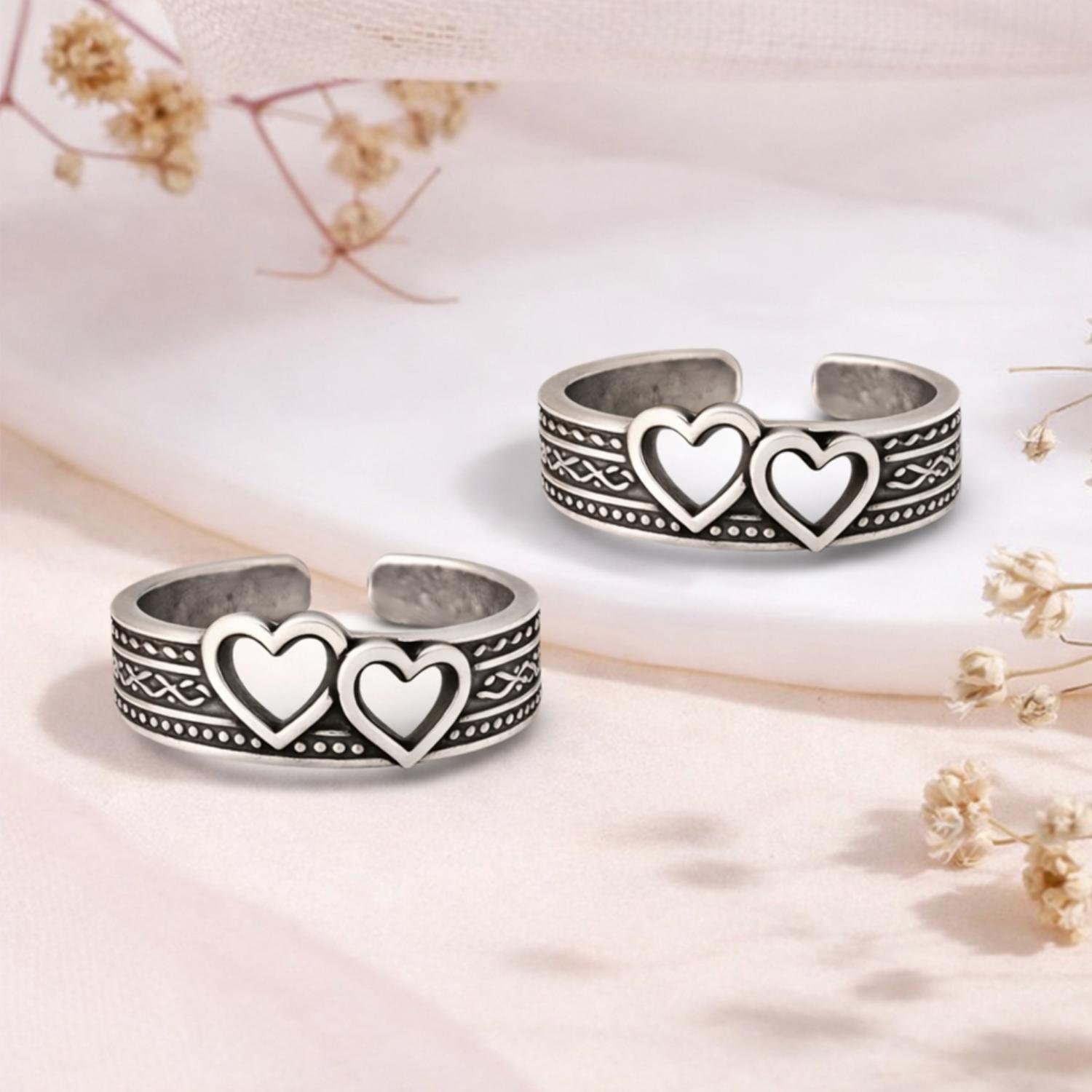 Double Heart Adjustable Toe Ring - Sterling Silver Oxidized