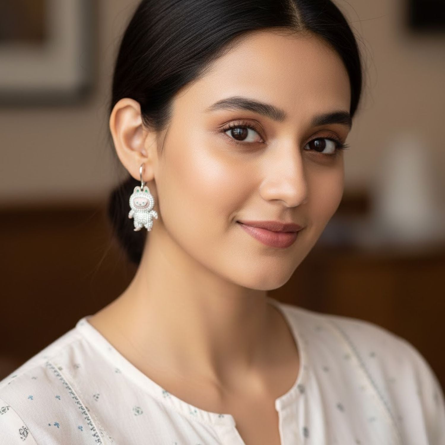 White CZ Labubu Doll Dangle Earrings - Sterling Silver