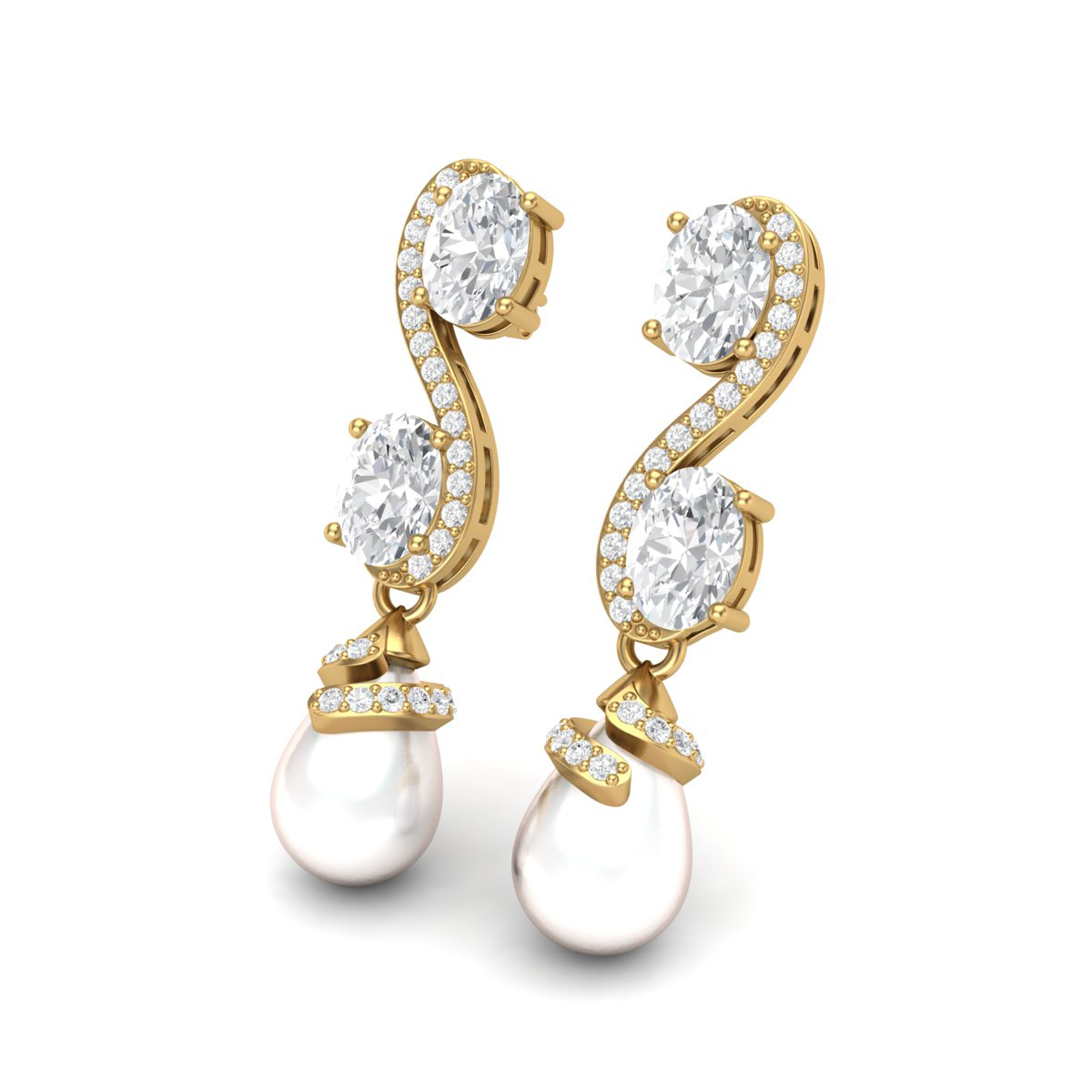 White CZ & Pearl Drop Earrings - Sterling Silver Yellow plated