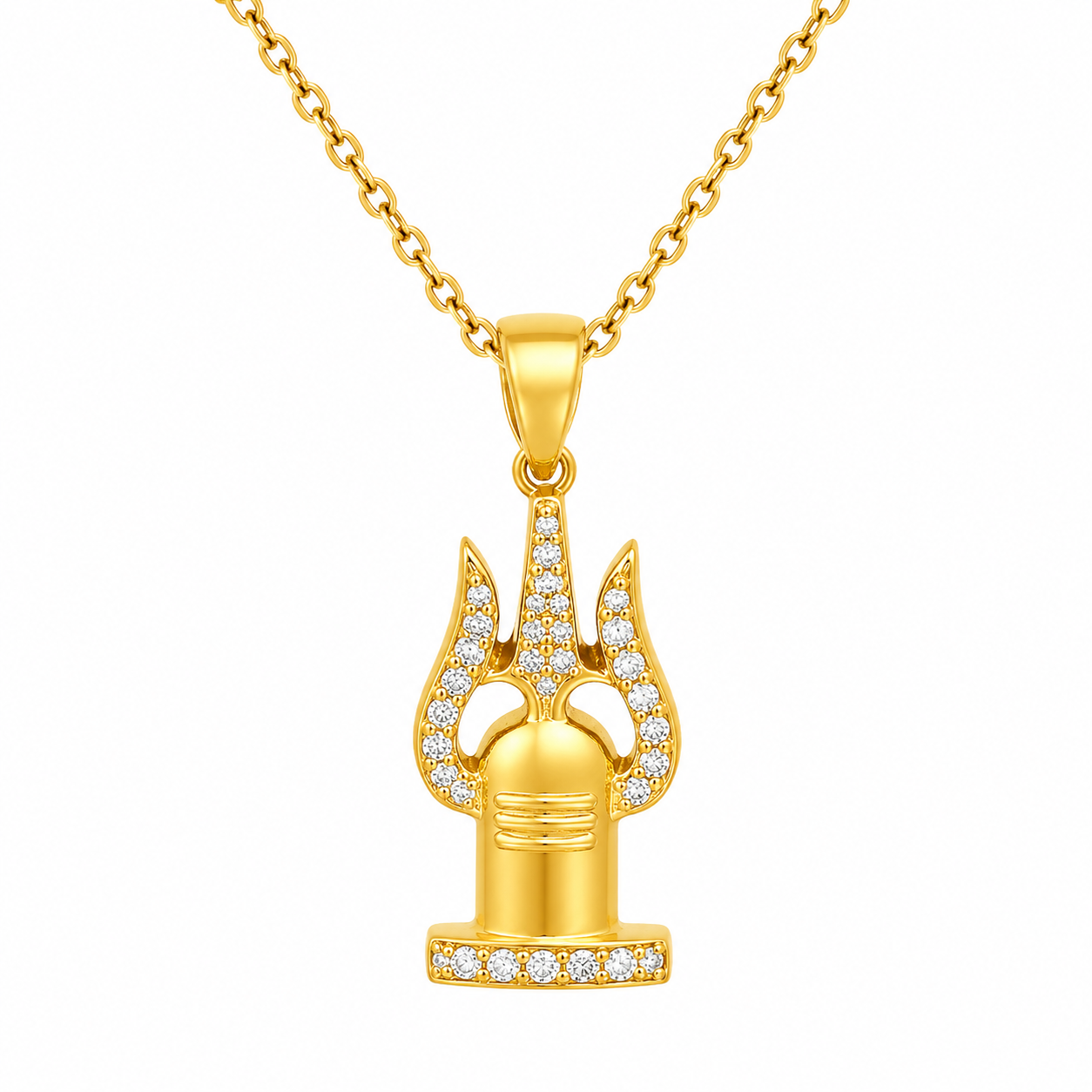 White CZ Shivling Trishul Pendant - Sterling Silver