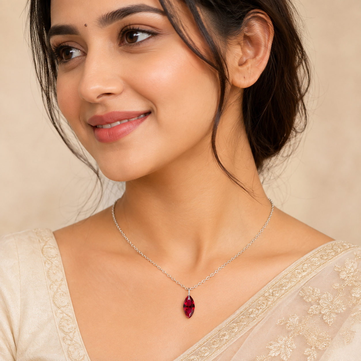 Ruby Glass Filled Marquise Pendant Necklace - 925 Sterling silver