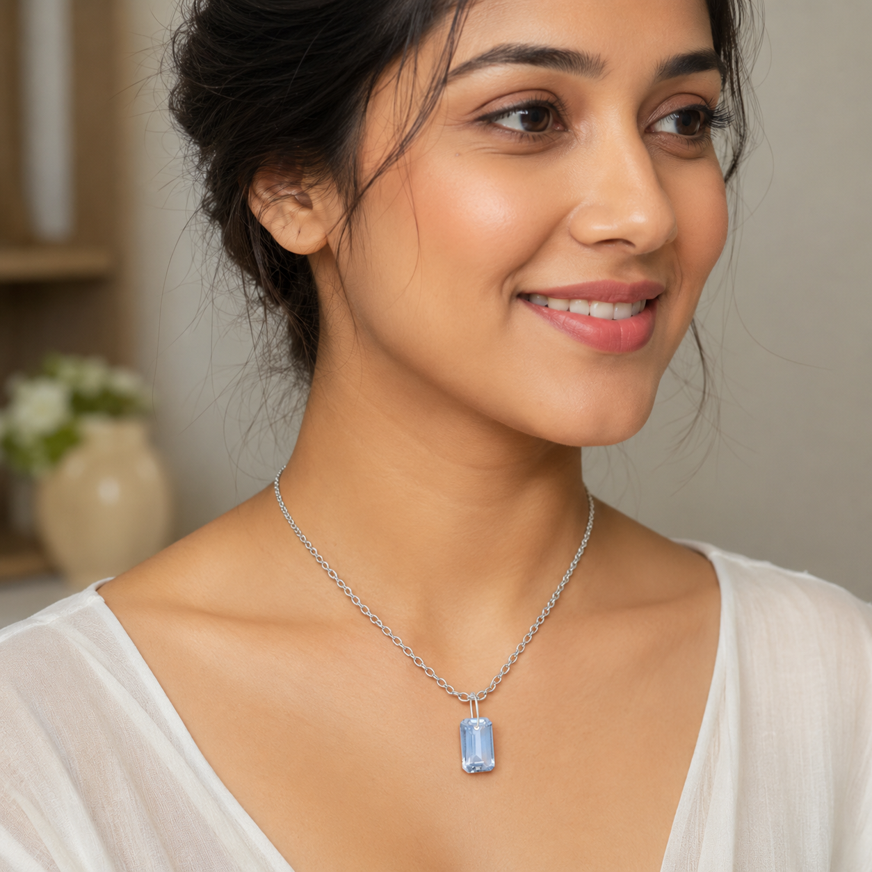 Octagon Shape Blue Topaz Solitaire Pendant Necklace - 925 Sterling Silver