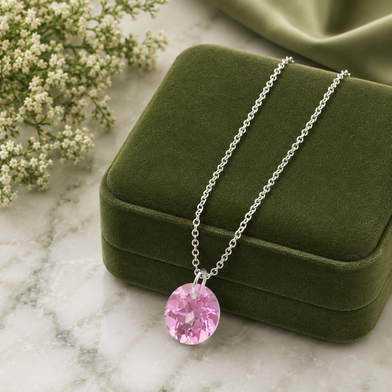 Round Pink CZ Solitaire Pendant Pendant Necklace - 925 Sterling Silver