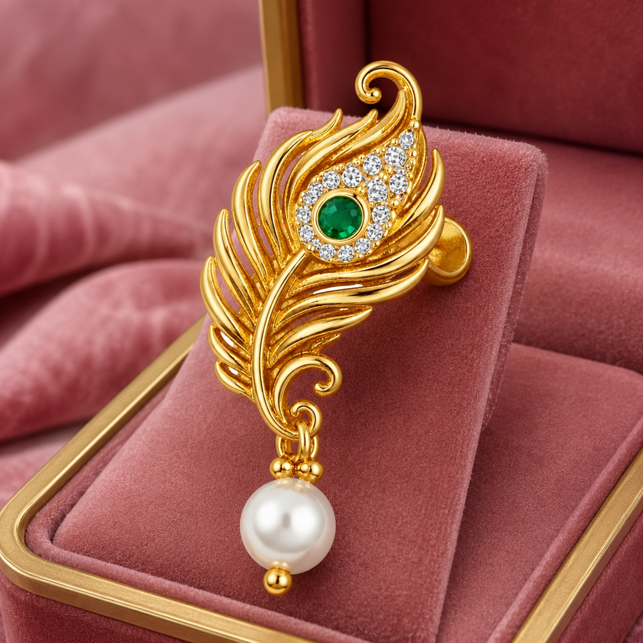 Peacock Feather Green Stone Pearl Nose Pin - Gold Plated 925 Sterling Silver