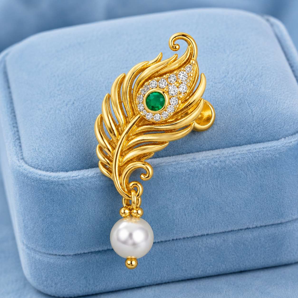 Peacock Feather Green Stone Pearl Nose Pin - Gold Plated 925 Sterling Silver