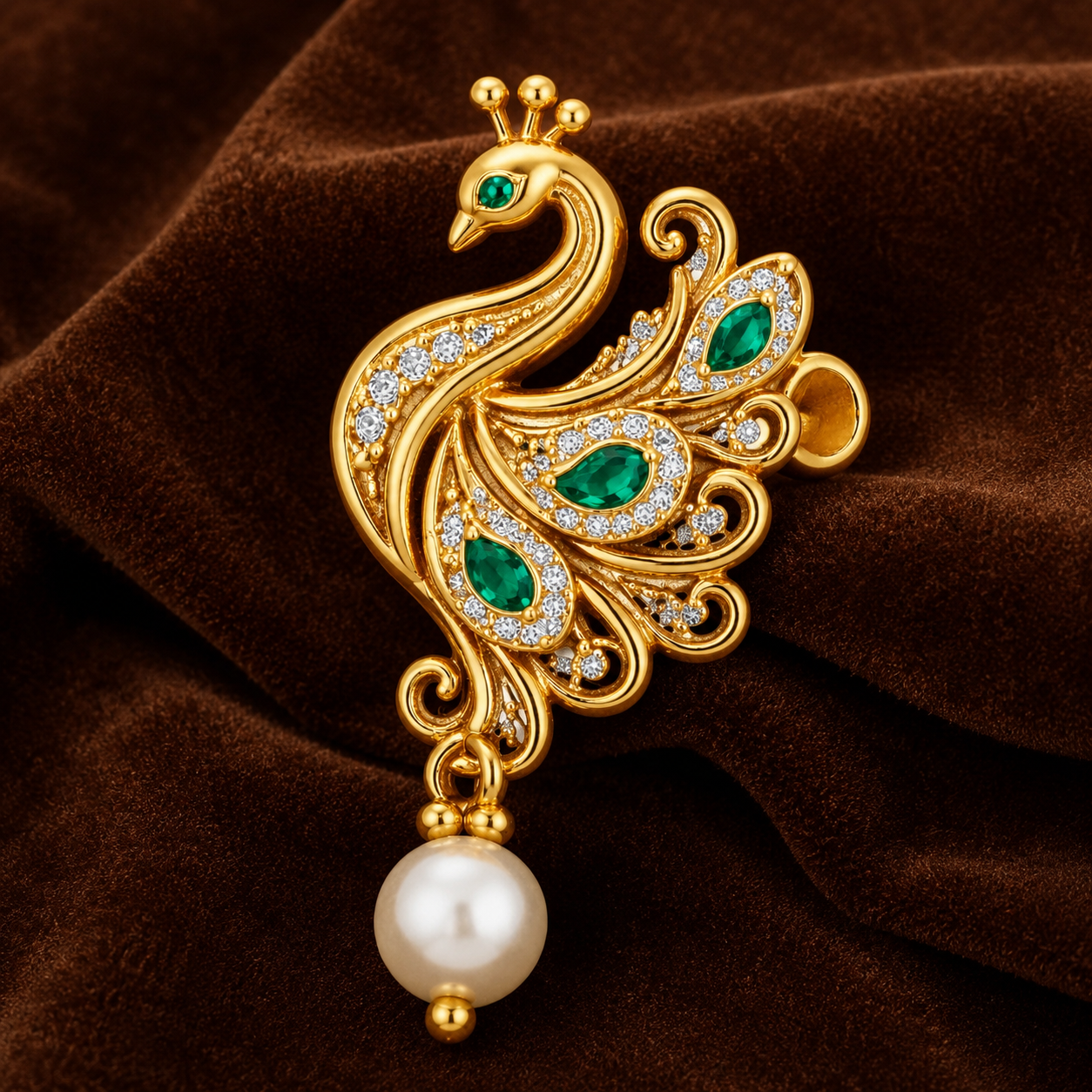 Peacock Green Stones & Pearl Drop Nose Pin - Gold Plated 925 Sterling Silver
