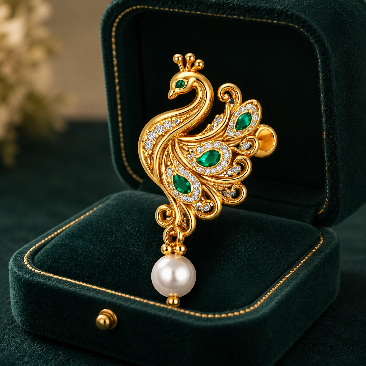 Peacock Green Stones & Pearl Drop Nose Pin - Gold Plated 925 Sterling Silver