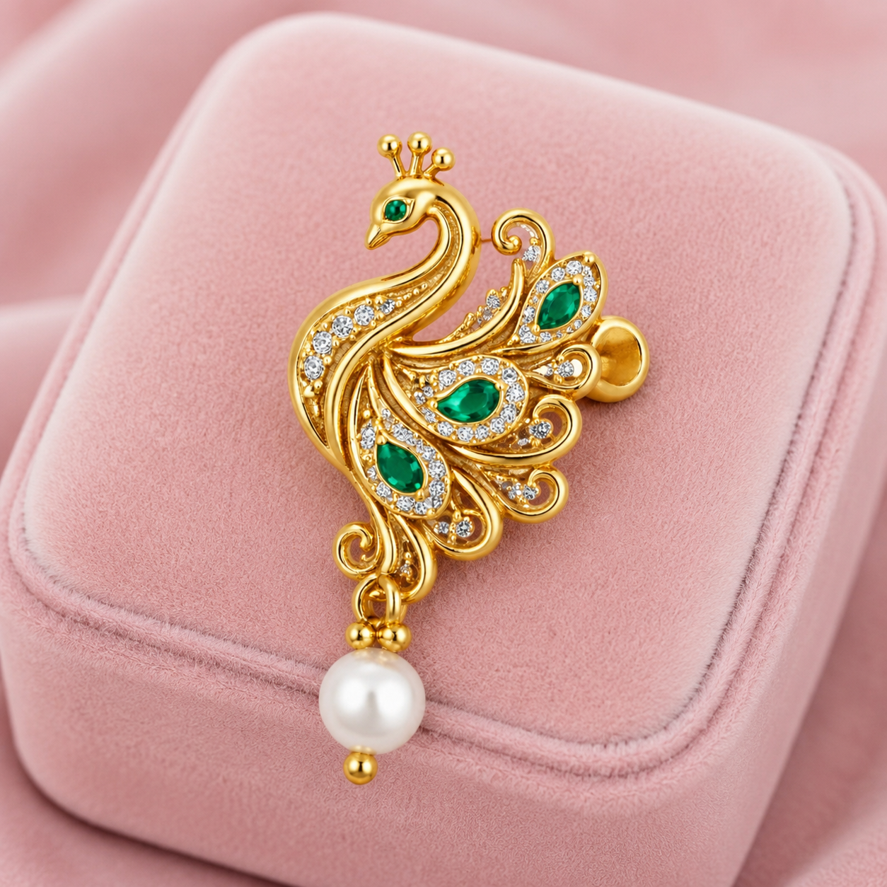 Peacock Green Stones & Pearl Drop Nose Pin - Gold Plated 925 Sterling Silver