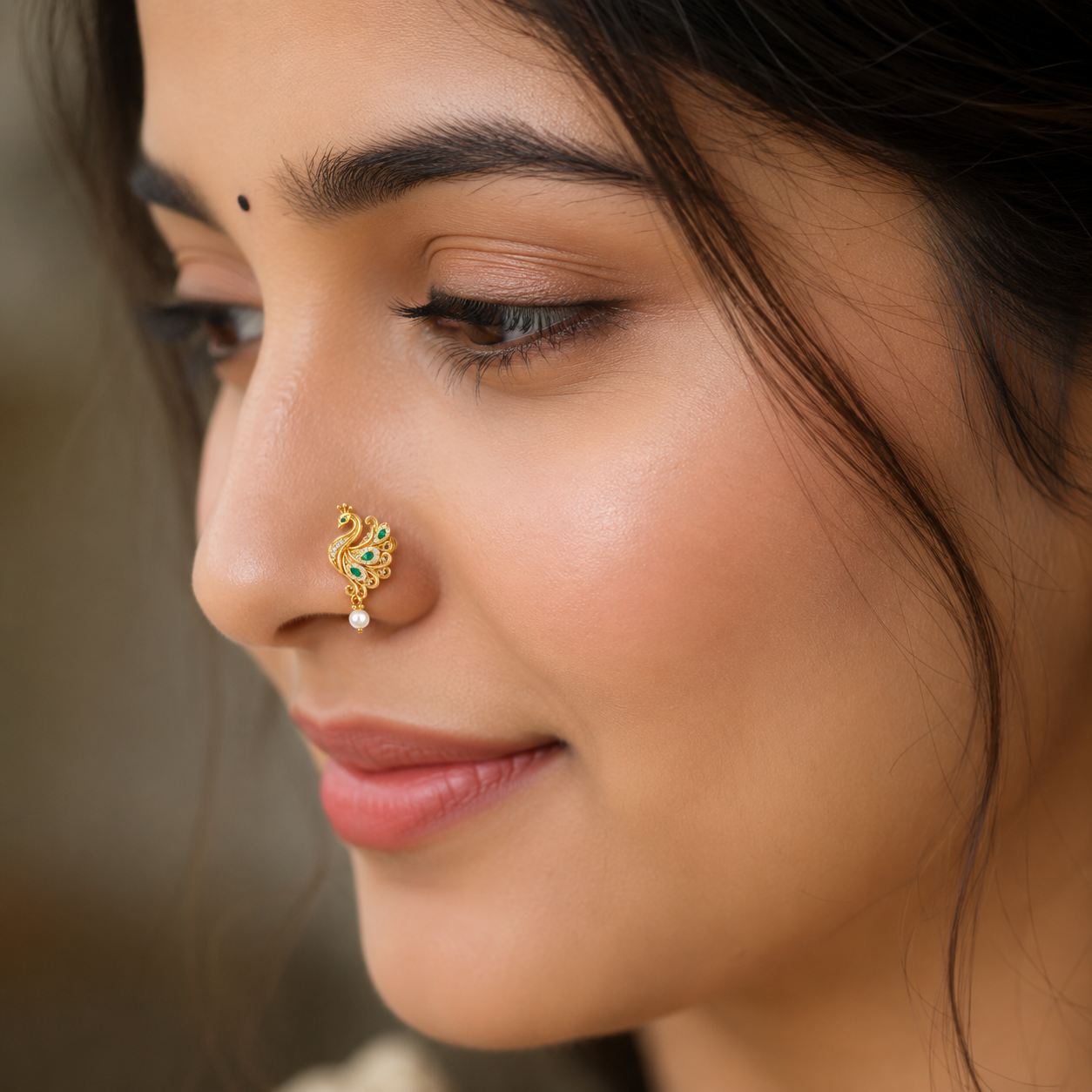 Peacock Green Stones & Pearl Drop Nose Pin - Gold Plated 925 Sterling Silver
