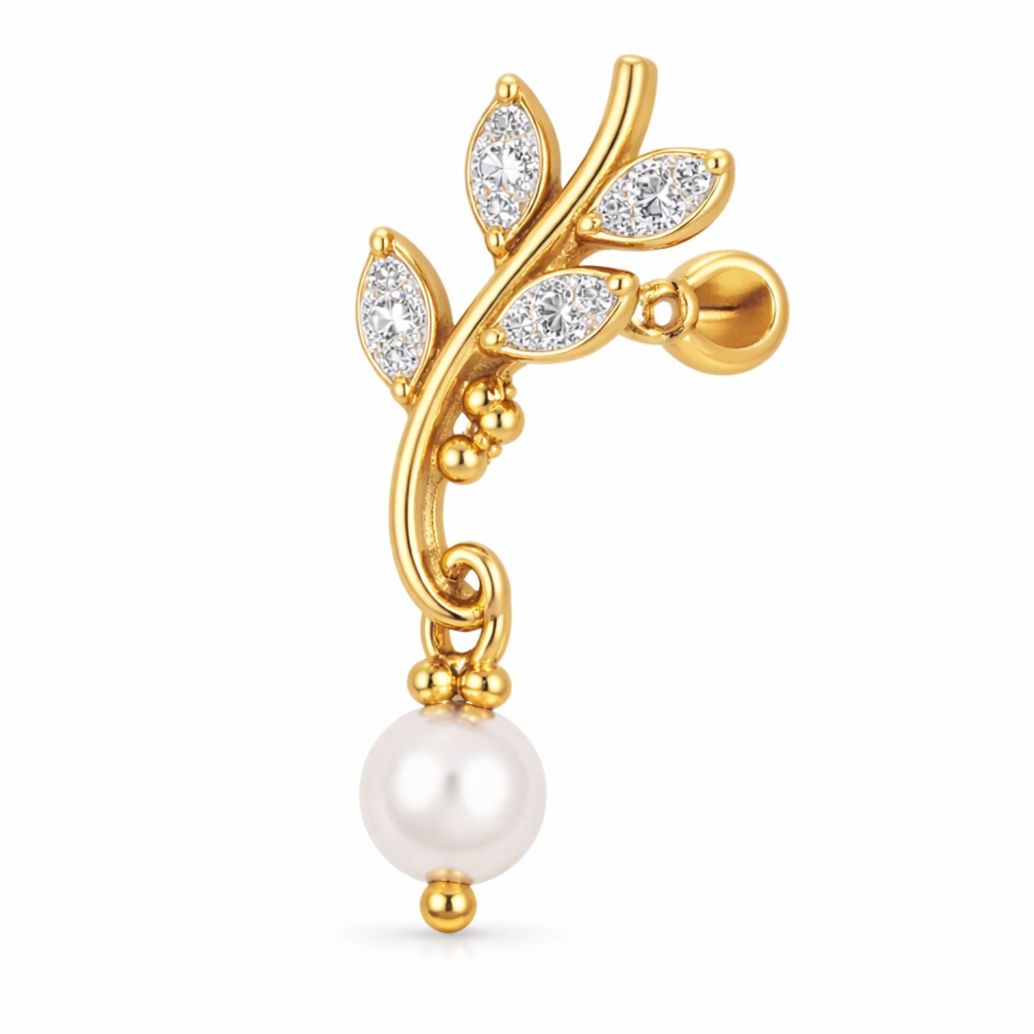 Leaf Pearl Drop Nose Pin - Gold Plated 925 Sterling Silver