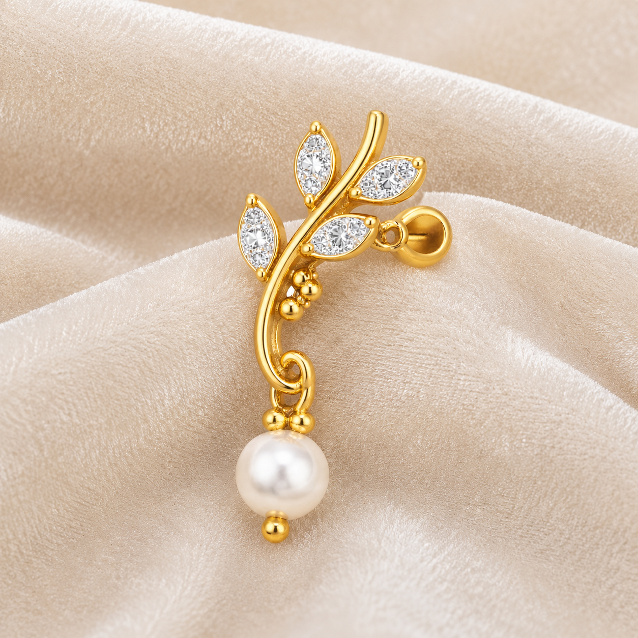 Leaf Pearl Drop Nose Pin - Gold Plated 925 Sterling Silver