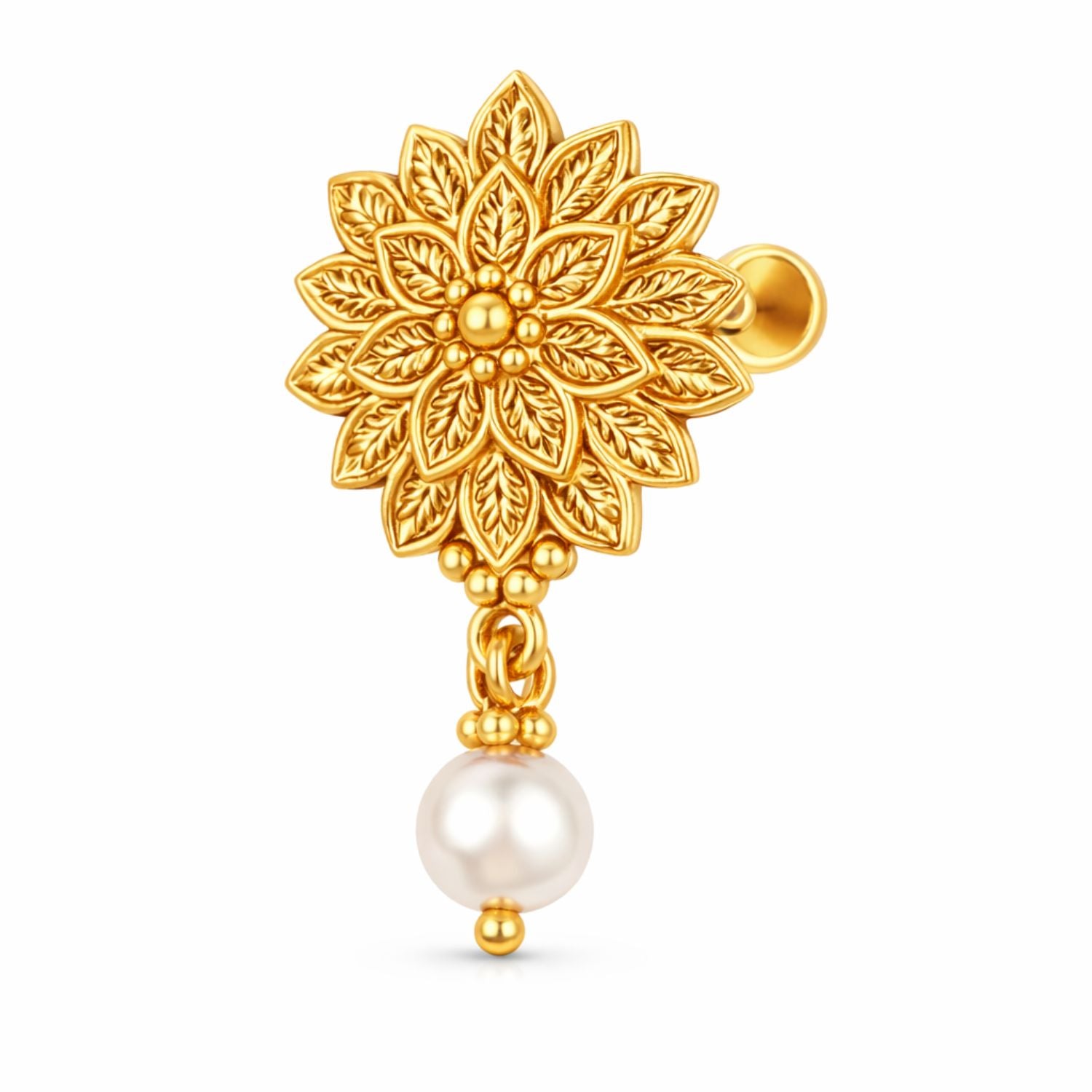 Floral Pearl Drop Pearl Drop Nose Pin - Gold Plated 925 Sterling Silver