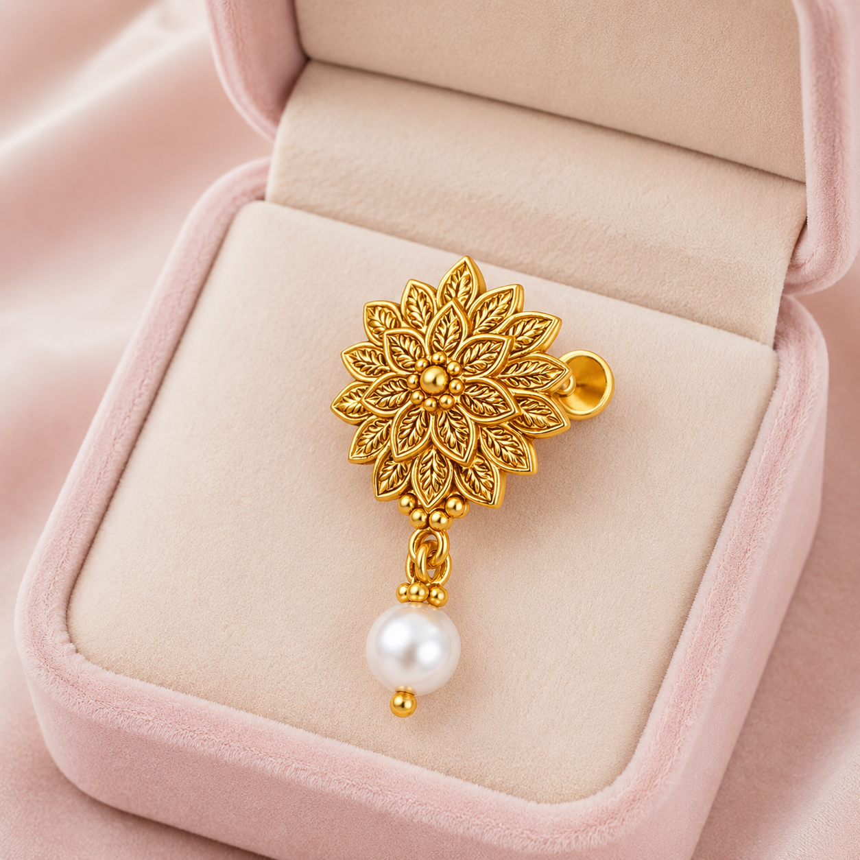 Floral Pearl Drop Pearl Drop Nose Pin - Gold Plated 925 Sterling Silver