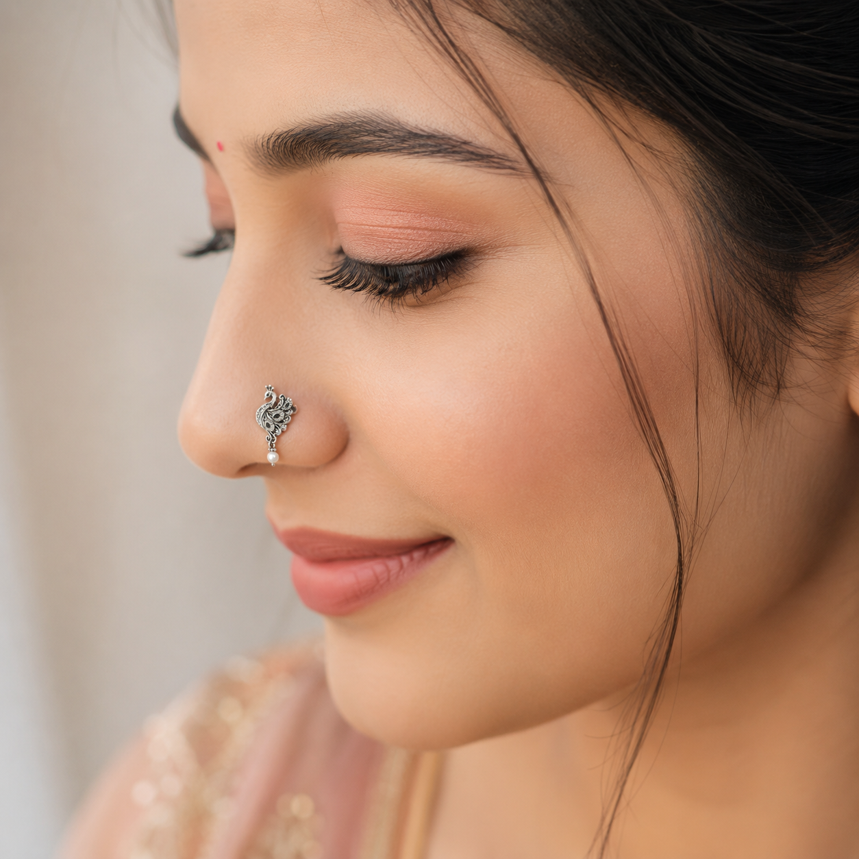 Oxidized Peacock Green Stones & Pearl Drop Nose Pin - 925 Silver