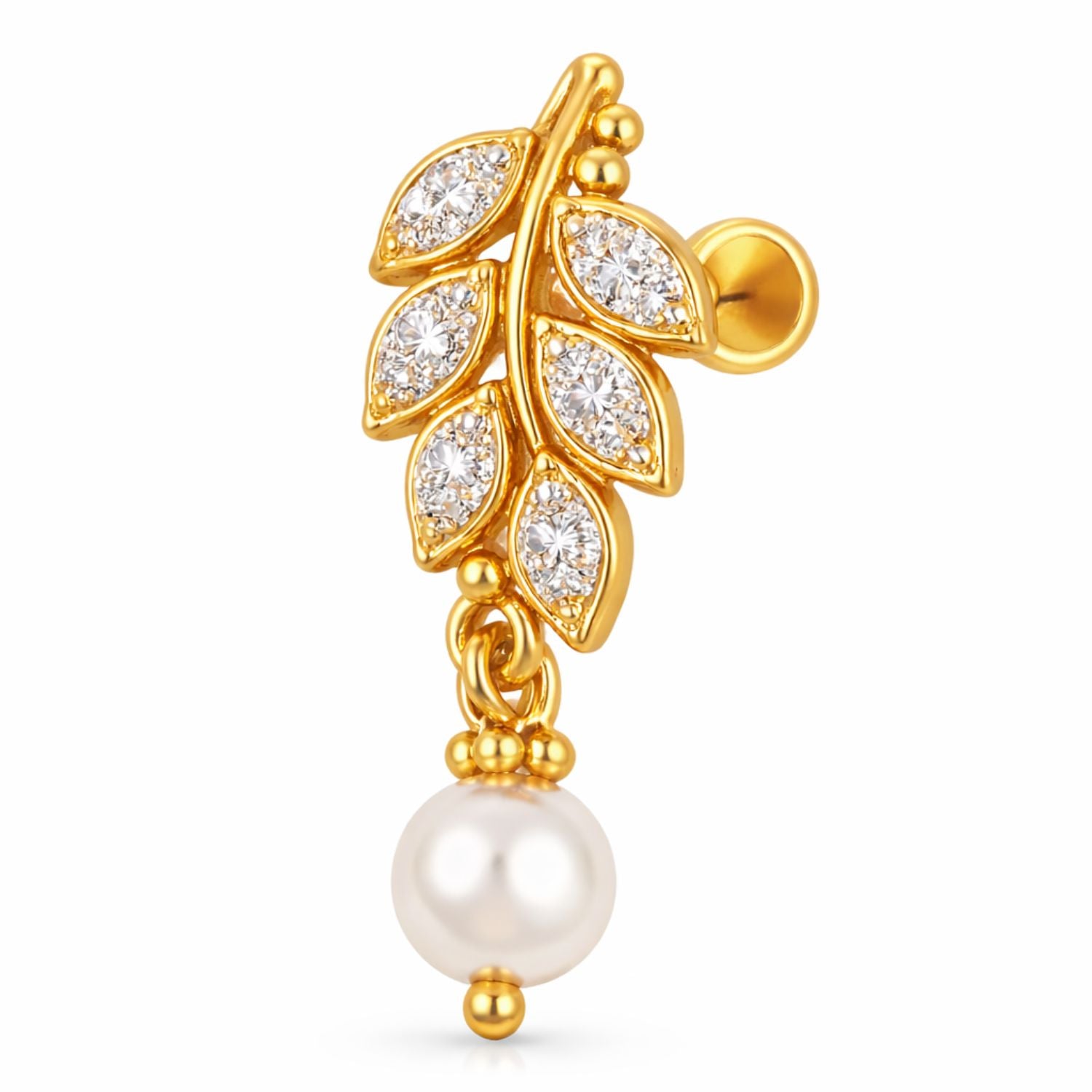 Leaf Pearl Nose Pin - Gold Plated 925 Sterling Silver