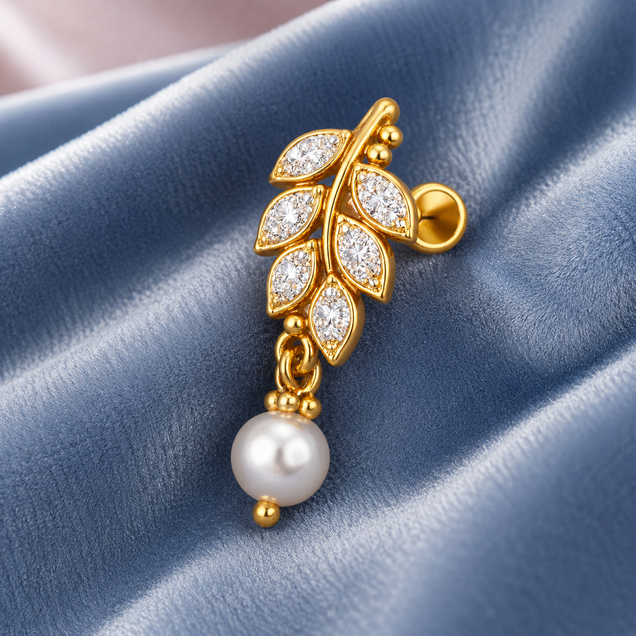 Leaf Pearl Nose Pin - Gold Plated 925 Sterling Silver