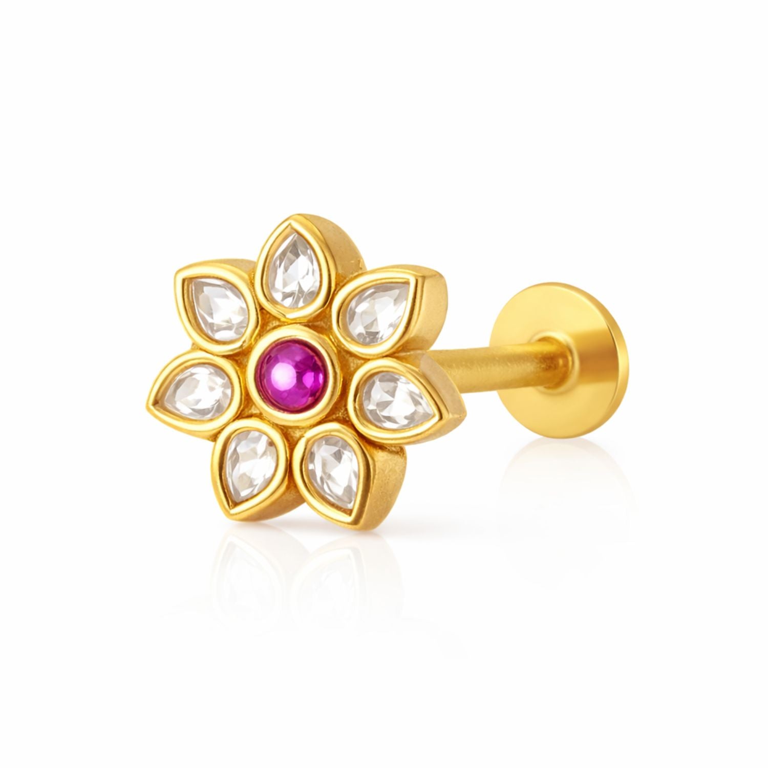 Floral White CZ & Pink Center Nose Pin - Gold Plated 925 Sterling Silver