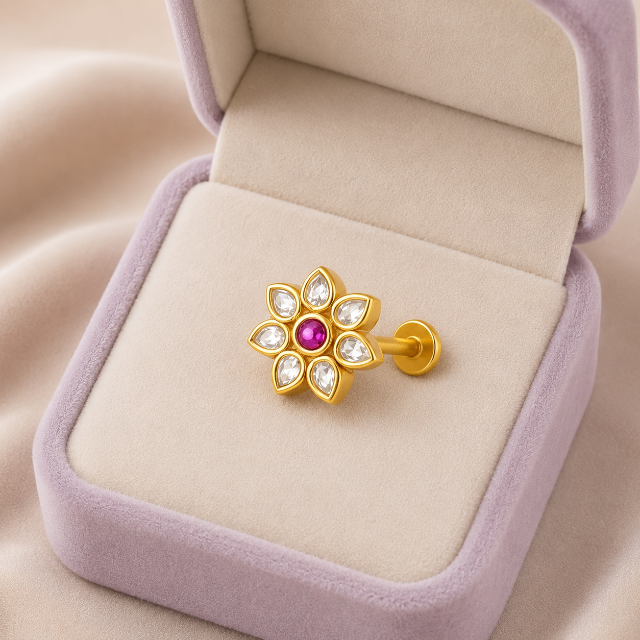 Floral White CZ & Pink Center Nose Pin - Gold Plated 925 Sterling Silver