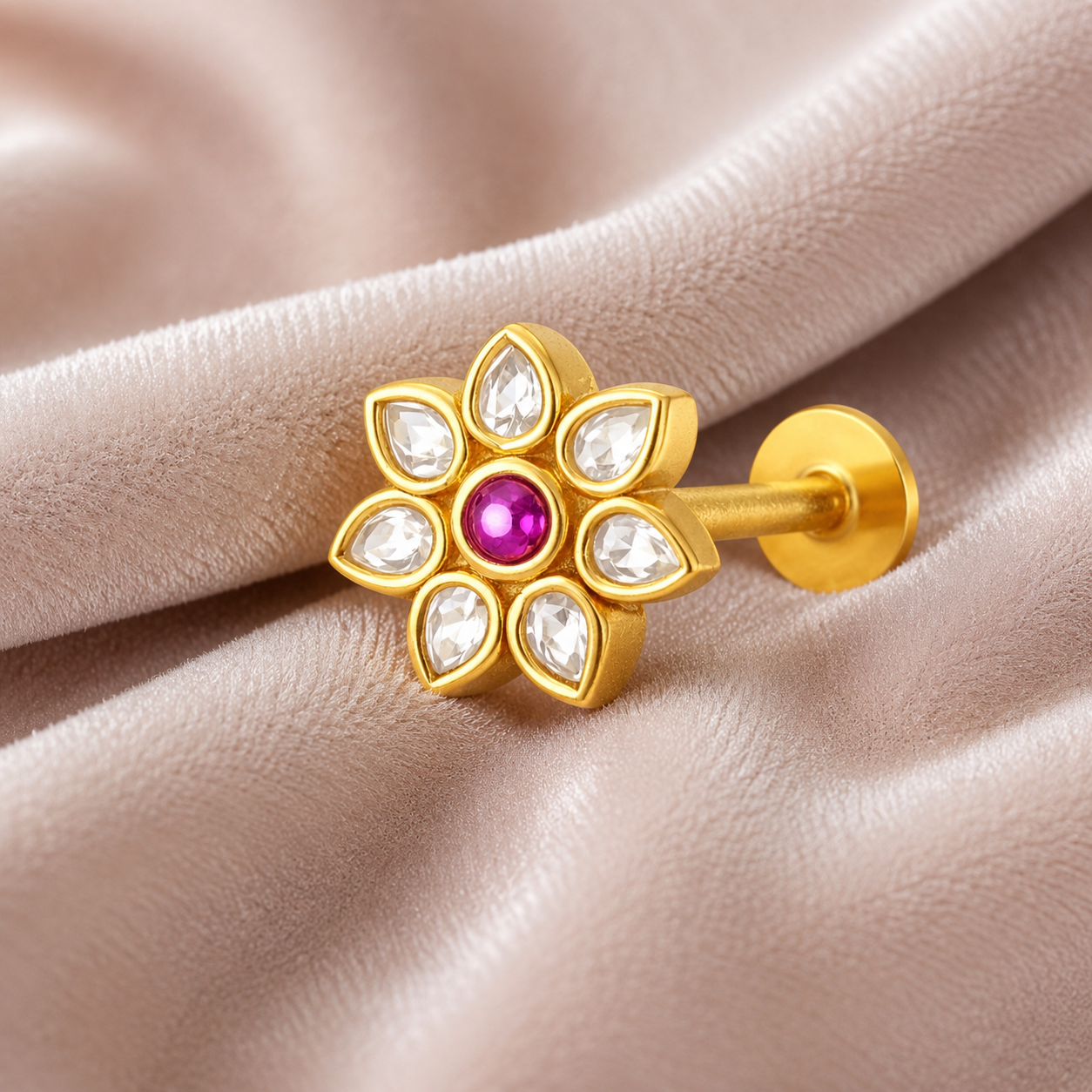 Floral White CZ & Pink Center Nose Pin - Gold Plated 925 Sterling Silver