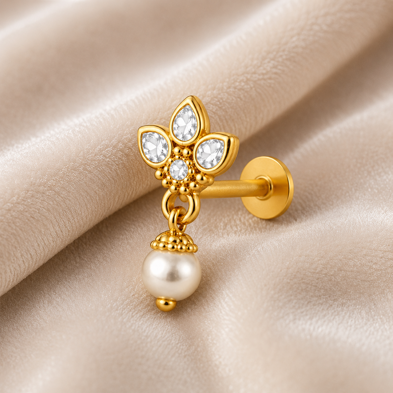 Floral Pearl Drop Nose Pin with CZ - Gold Plated 925 Silver
