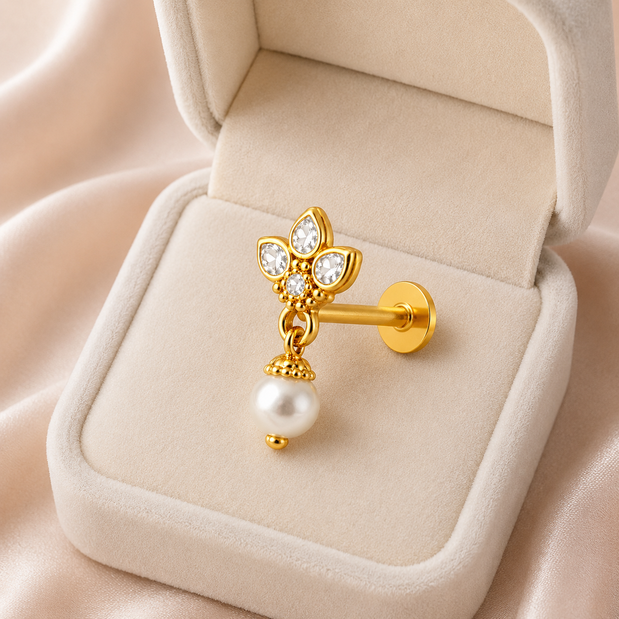 Floral Pearl Drop Nose Pin with CZ - Gold Plated 925 Silver