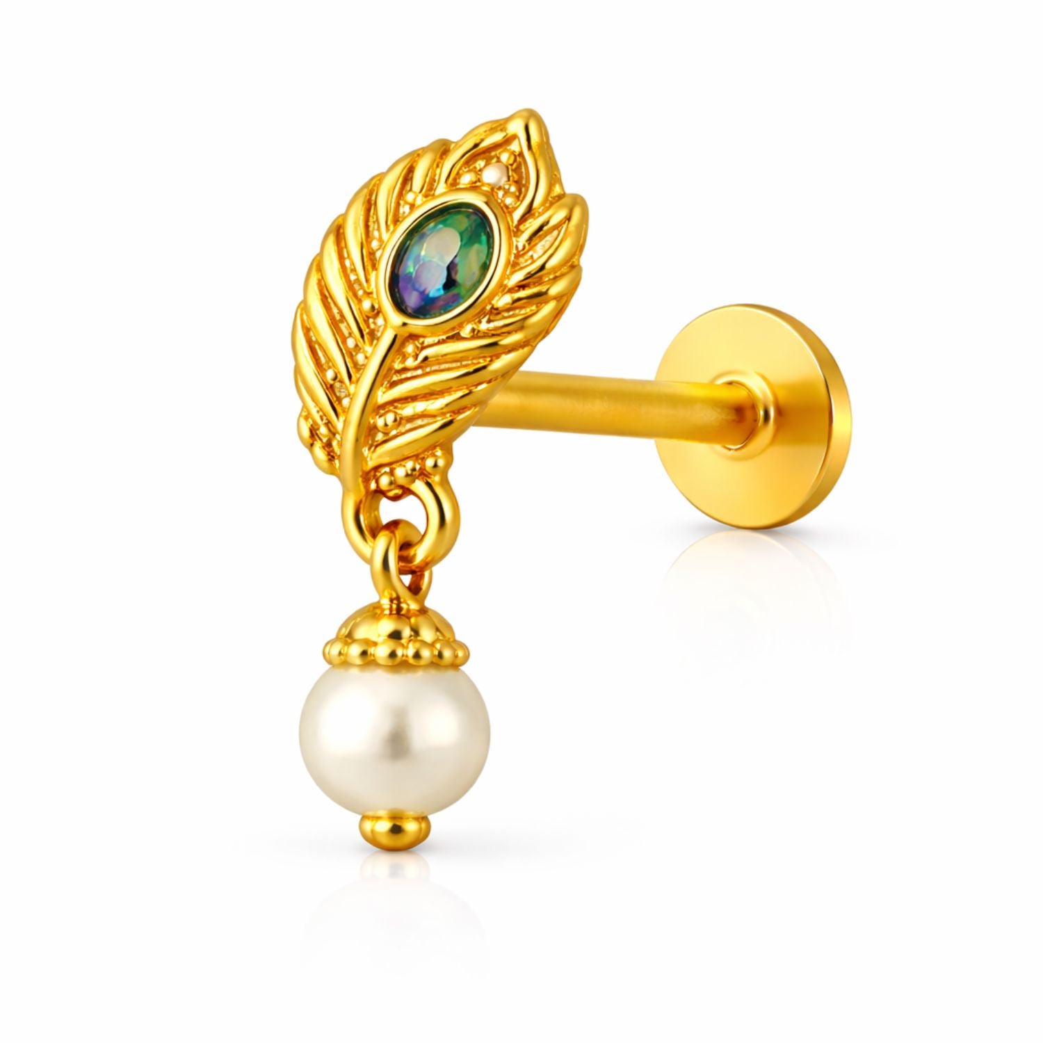 Peacock Feather Pearl Drop Nose - Gold Plated 925 Silver