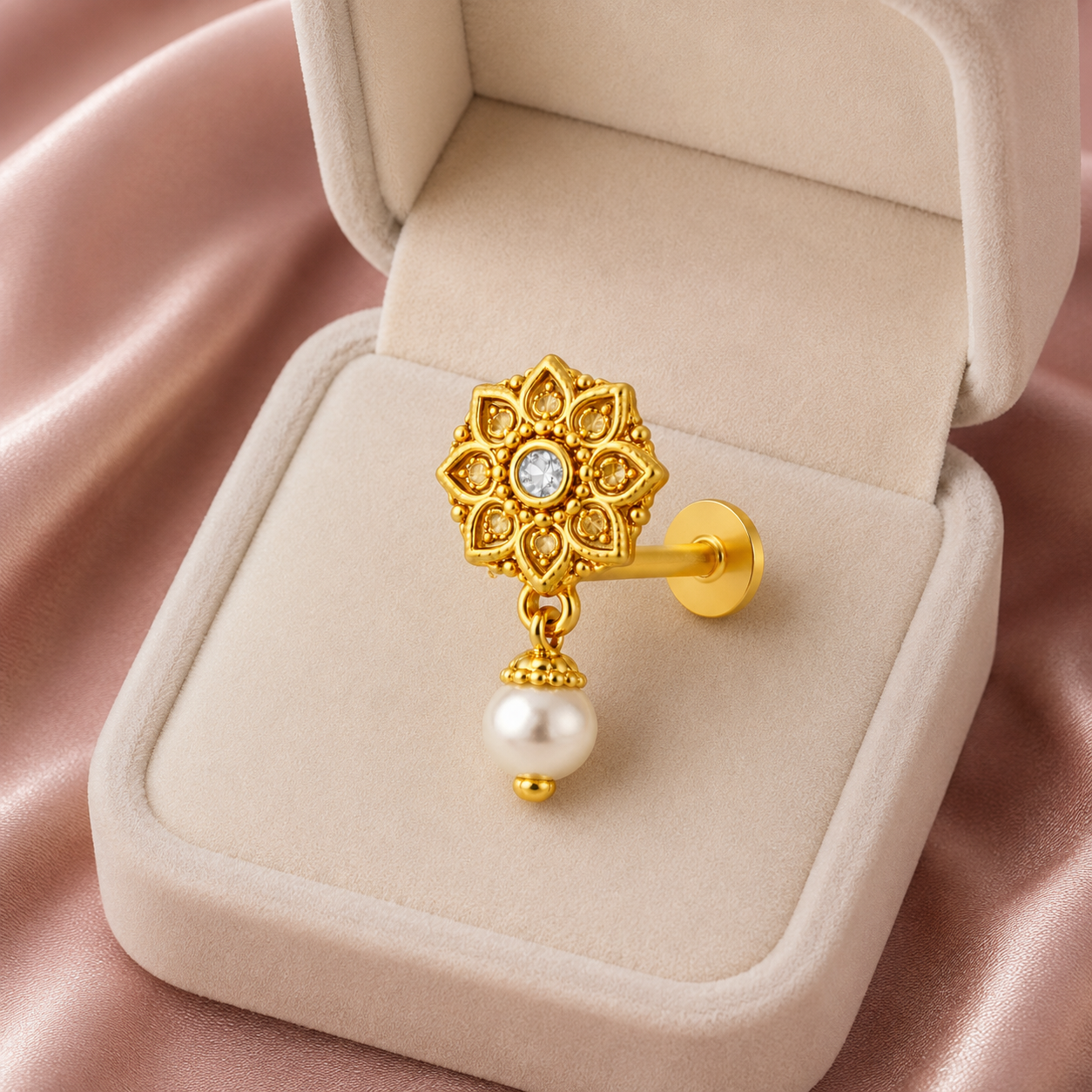 Mandala Pearl Drop Nose Pin with CZ - Gold Plated 925 Silver