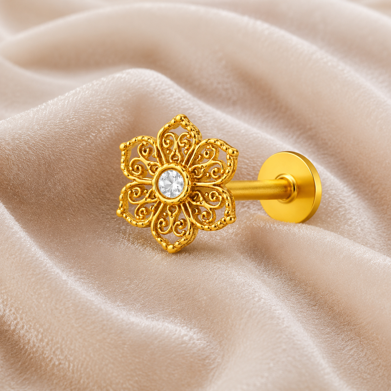 Filigree Floral Nose Pin with CZ - Gold Plated 925 Silver