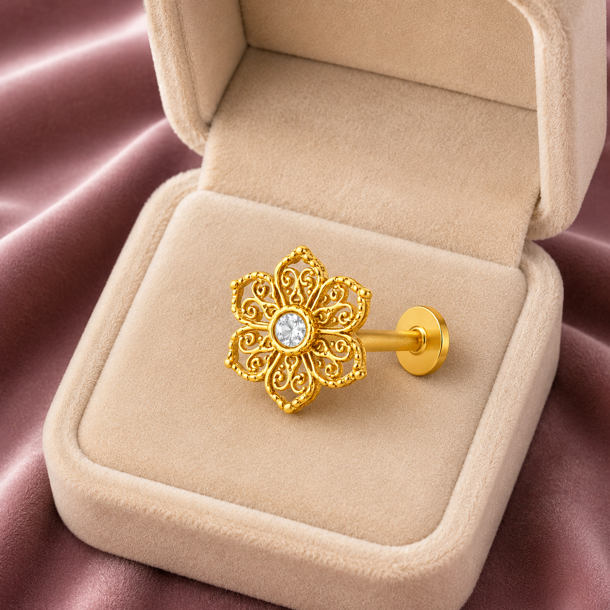 Filigree Floral Nose Pin with CZ - Gold Plated 925 Silver